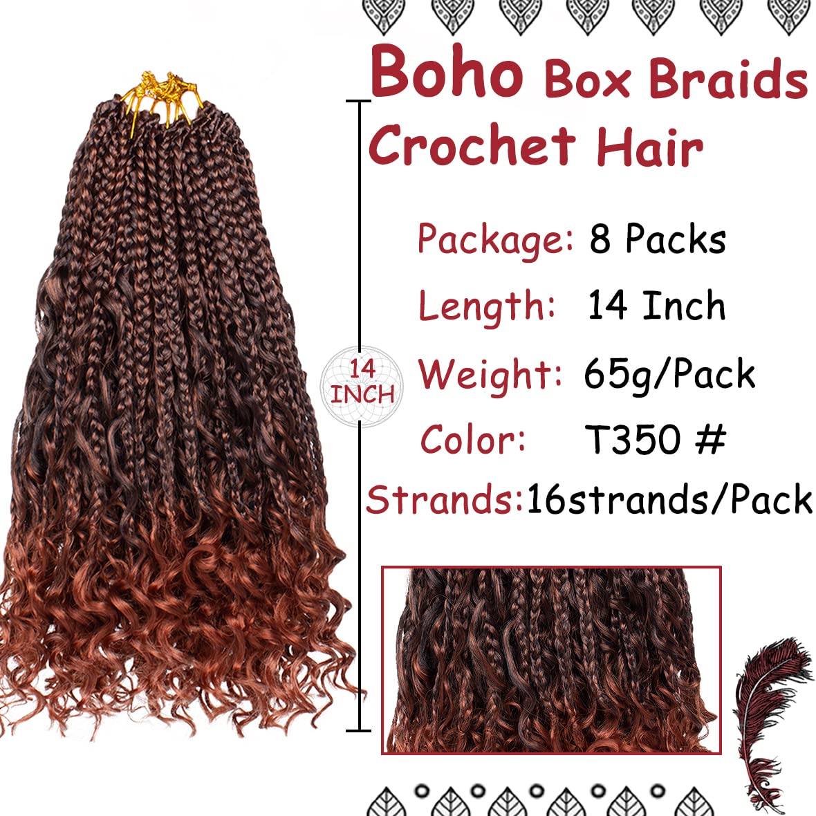 Beverlee 14 Inch Boho Box Braids - 8 Packs Goddess Braids with Curly Ends - Pre-looped Synthetic Crochet Hair for Black Women - 128 Strands