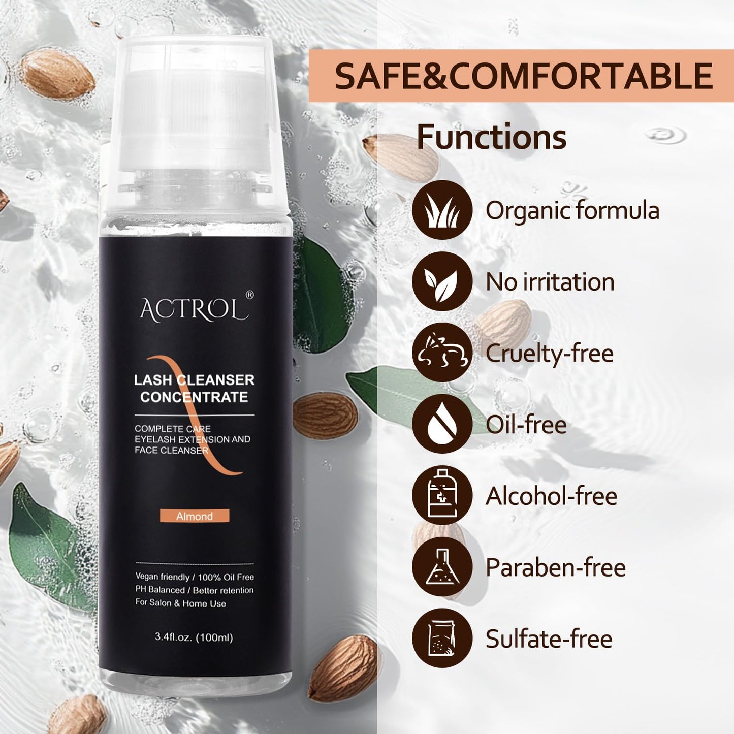 ACTROL Eyelash Cleanser Concentrate 100ml Almond Professional Lash Shampoo Foaming Cleanser Lash Wash Concentrate for Extensions Lashes with Salon Home Care-Makes 40 Bottles Almond
