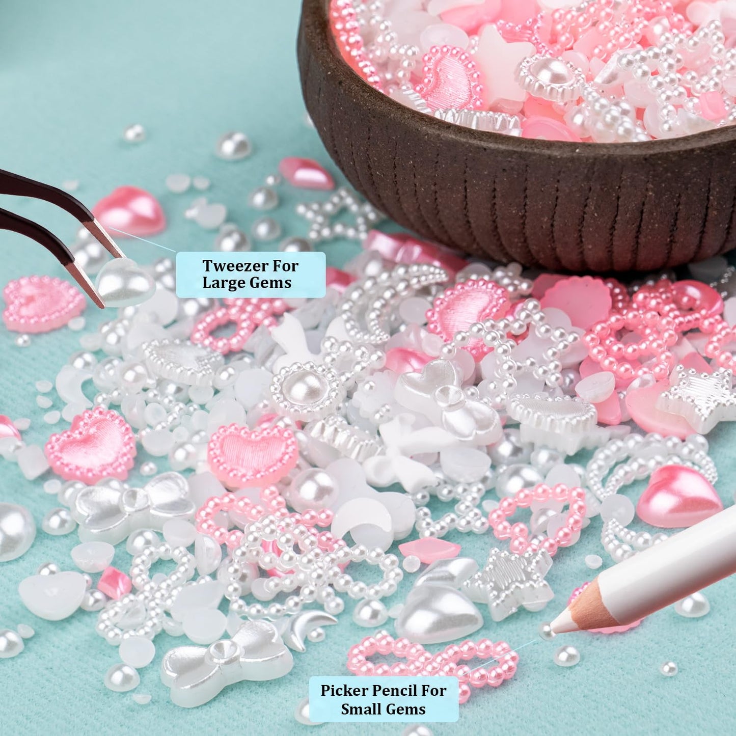 600Pcs 3D Multi Shapes Nail Charms and Flatback Pearls, White&Pink Mix Styles Heart Star Bow Sunflower Embellishments for Nail Art, Craft and Decoration with Tweezer and Pickup Pencil