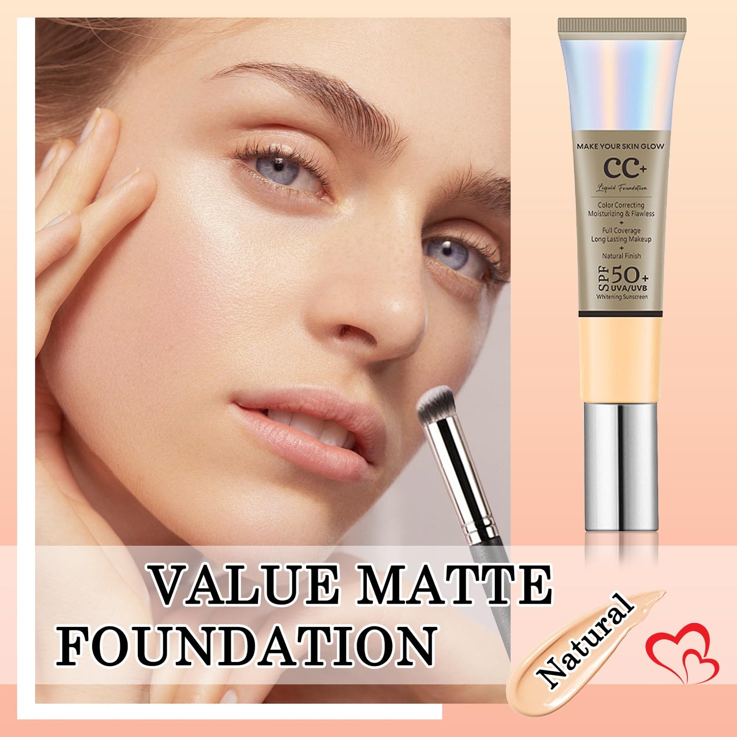 2PCS Full Coverage Concealer Foundation Set,Moisturizing BB Cream,Long Lasting Hydrating Lightweight CC Cream with Makeup Brush,Oil Control Face Moisturizer SPF 50 PA++++ Sunscreen(E)