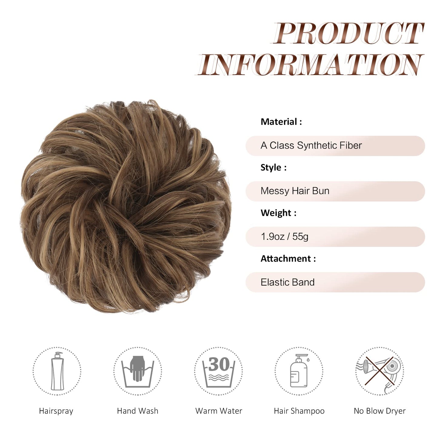FESHFEN Messy Bun Hair Piece - Large Wavy Curly Elastic Hair Bun Scrunchies Ponytail Extensions Synthetic Chignon Hairpieces for Women, Light Ash Brown Mixed Golden Brown 1.94oz