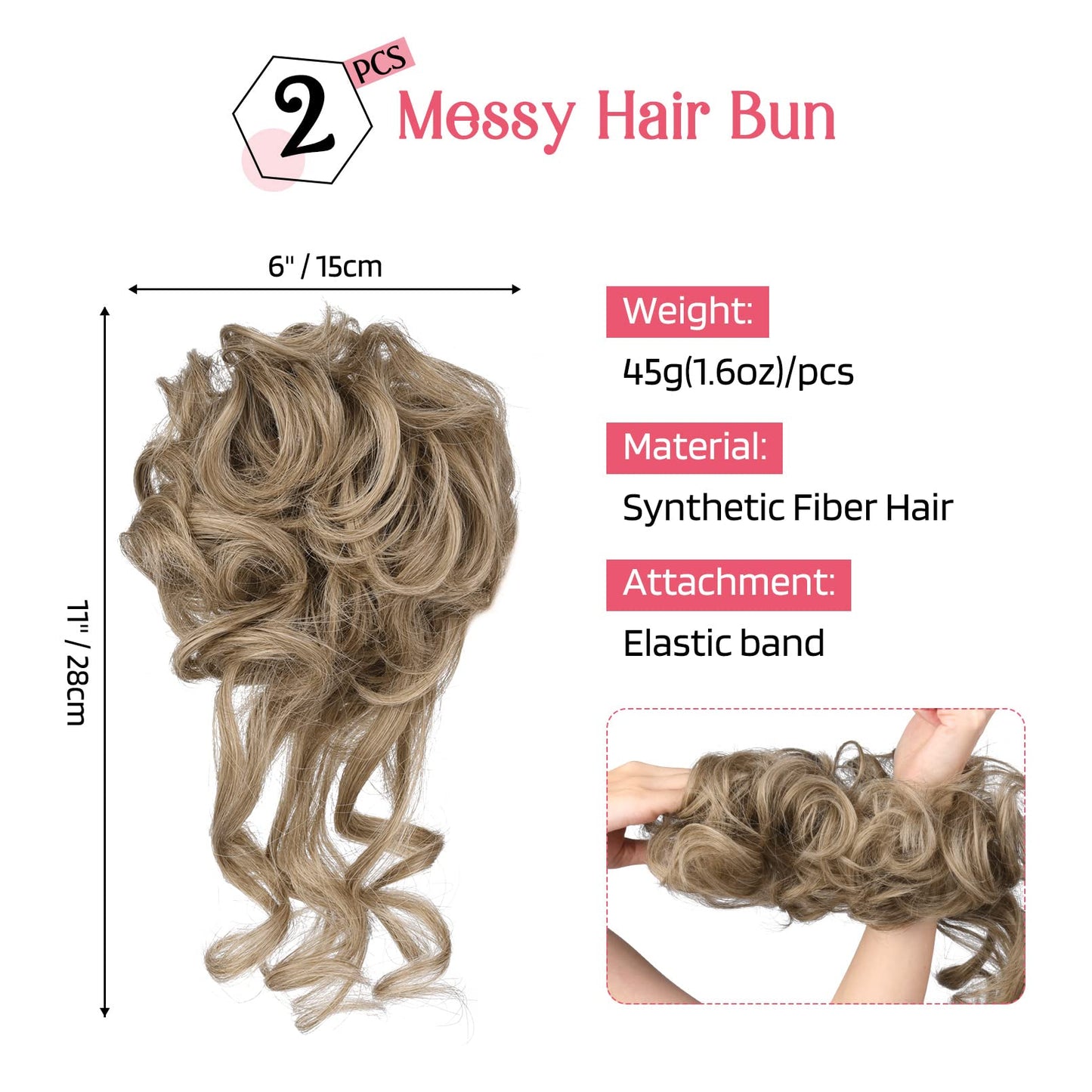 HOOJIH 2PCS Messy Bun Hair Piece, Tousled Updo with Tendrils Hair Bun Extensions Wavy Curly Hair Wrap Ponytail Hairpieces Hair Scrunchies for Women HB010 Dasiy - Ash Brown