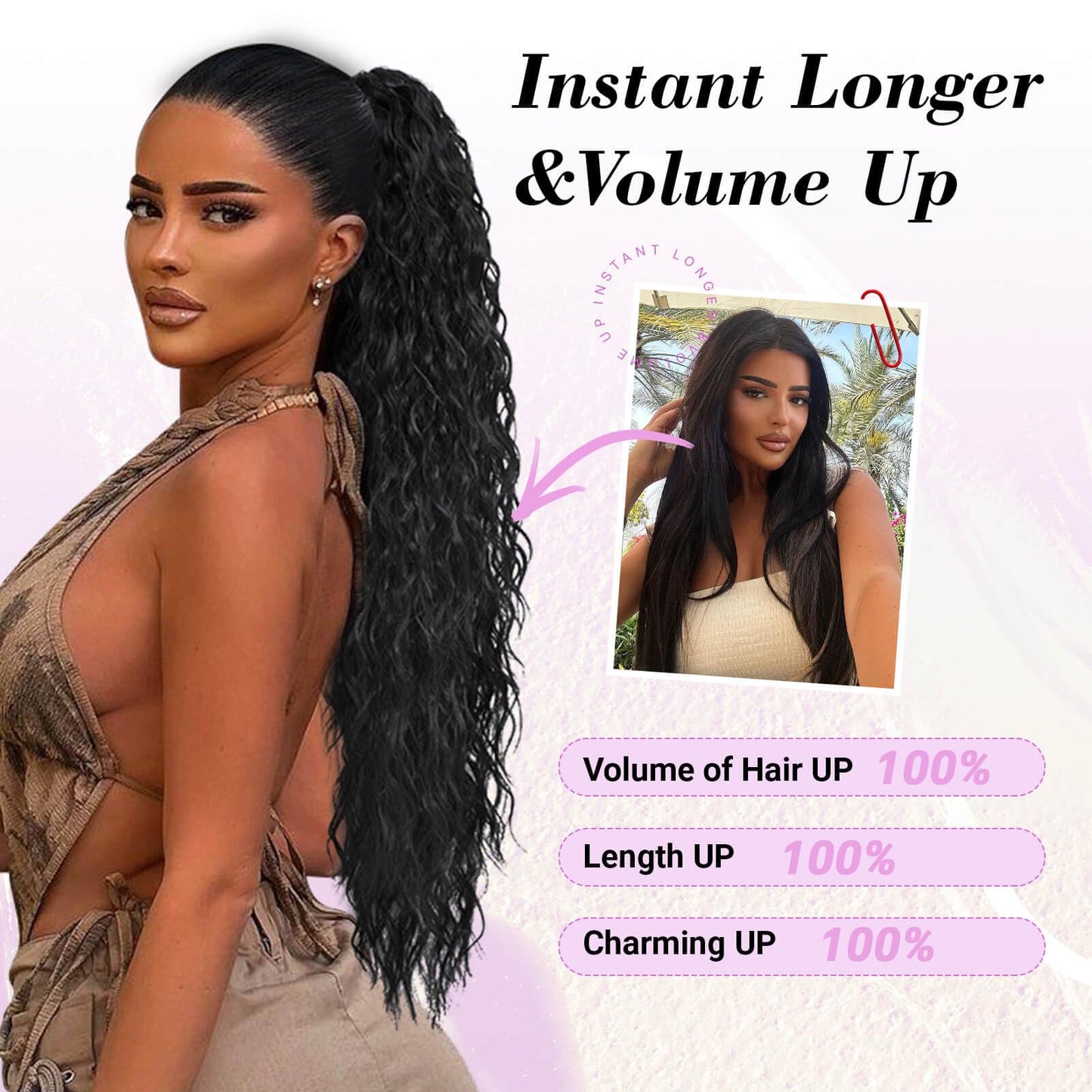 MARJORIE Ponytail Extension,30" Long Curly Claw Pony Tails Hair Extensions Chocolate Brown Fake Ponytail Fluffy Ponytail Extension Multi-layered Design Wavy Synthetic Ponytail Hairpiece for Women