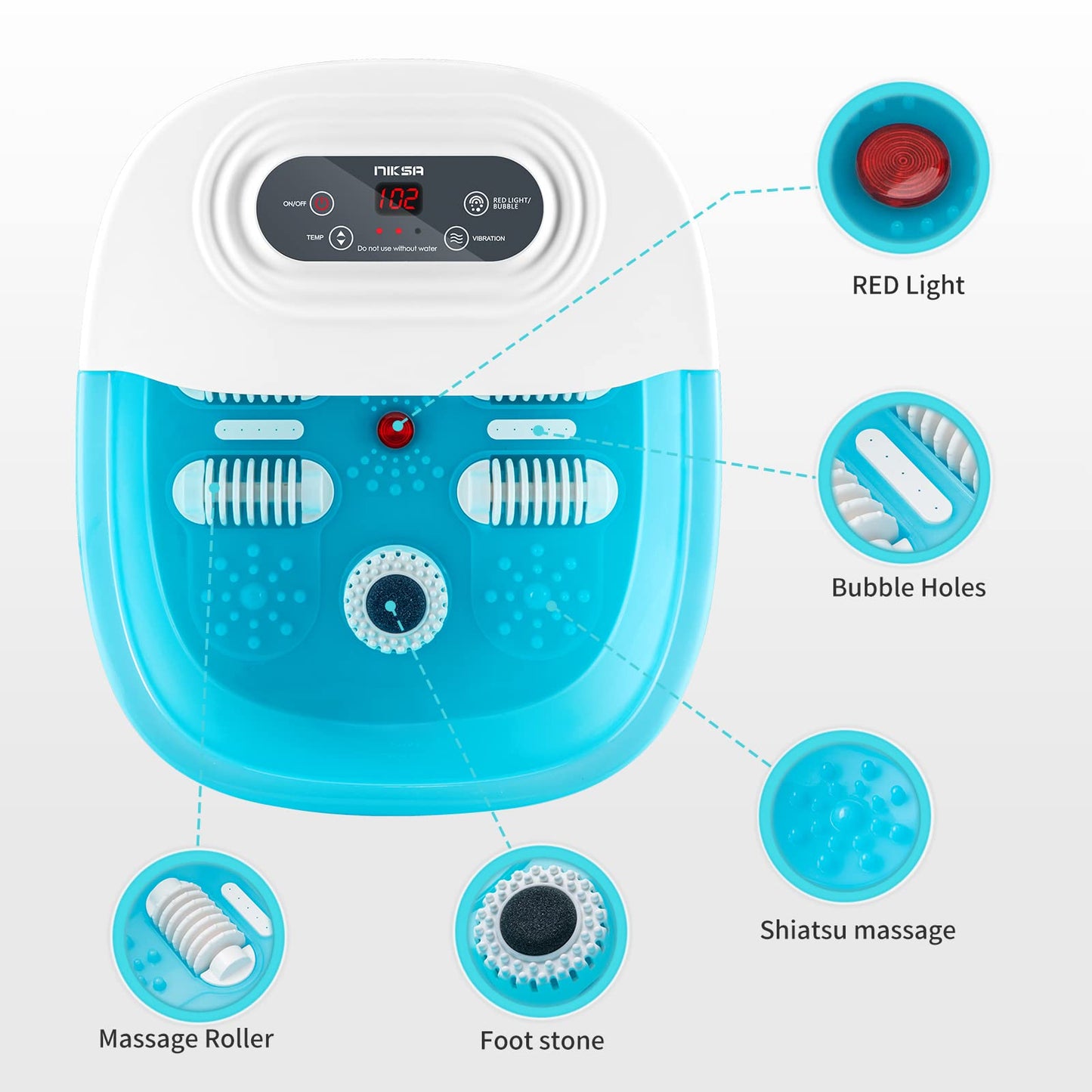 Niksa Foot Spa Bath Massager with Heat, Bubbles, Vibration and Red Light,4 Massage Roller Pedicure Foot Spa Tub for Feet Stress Relief,Foot Soaker with Mini Acupressure Massage Points(Blue)