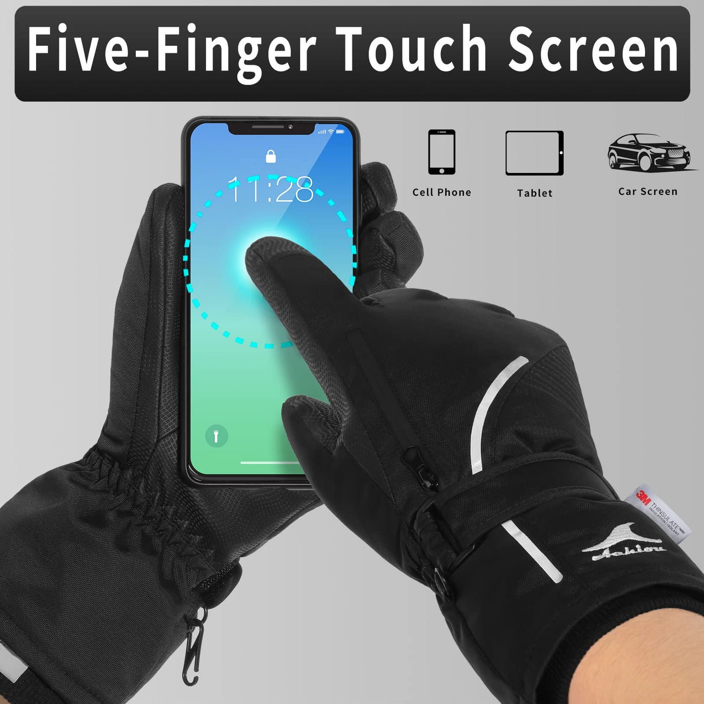 Achiou Ski Snow Gloves Waterproof Touchscreen Winter Warm for Men Women with Portable pocket
