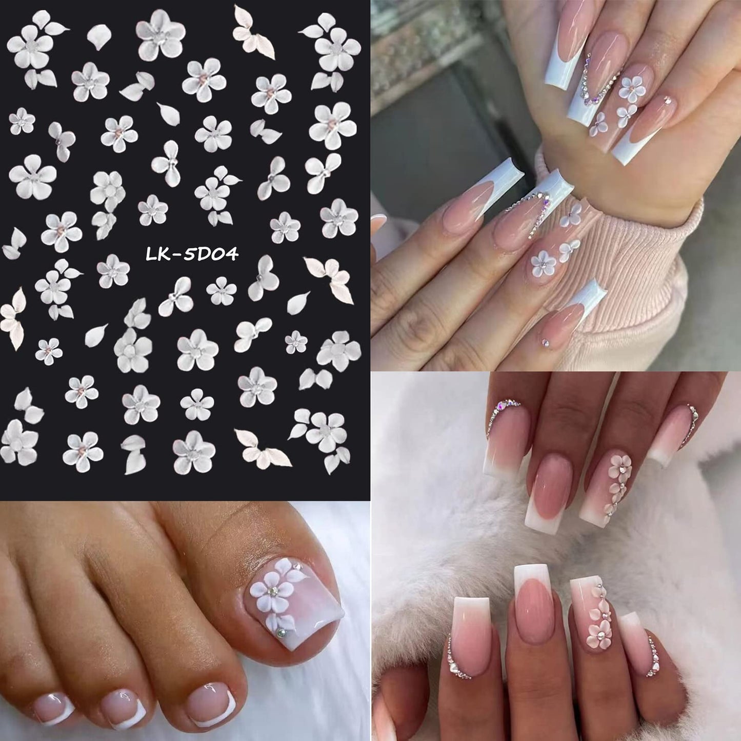 VOTACOS 6 Sheets Flower Nail Stickers for Nail Art 5D Embossed Engraved Nail Decals 3D Spring Summer Nail Supplies Accessories Self-Adhesive Nail DIY Design Decoration for Women and Girls