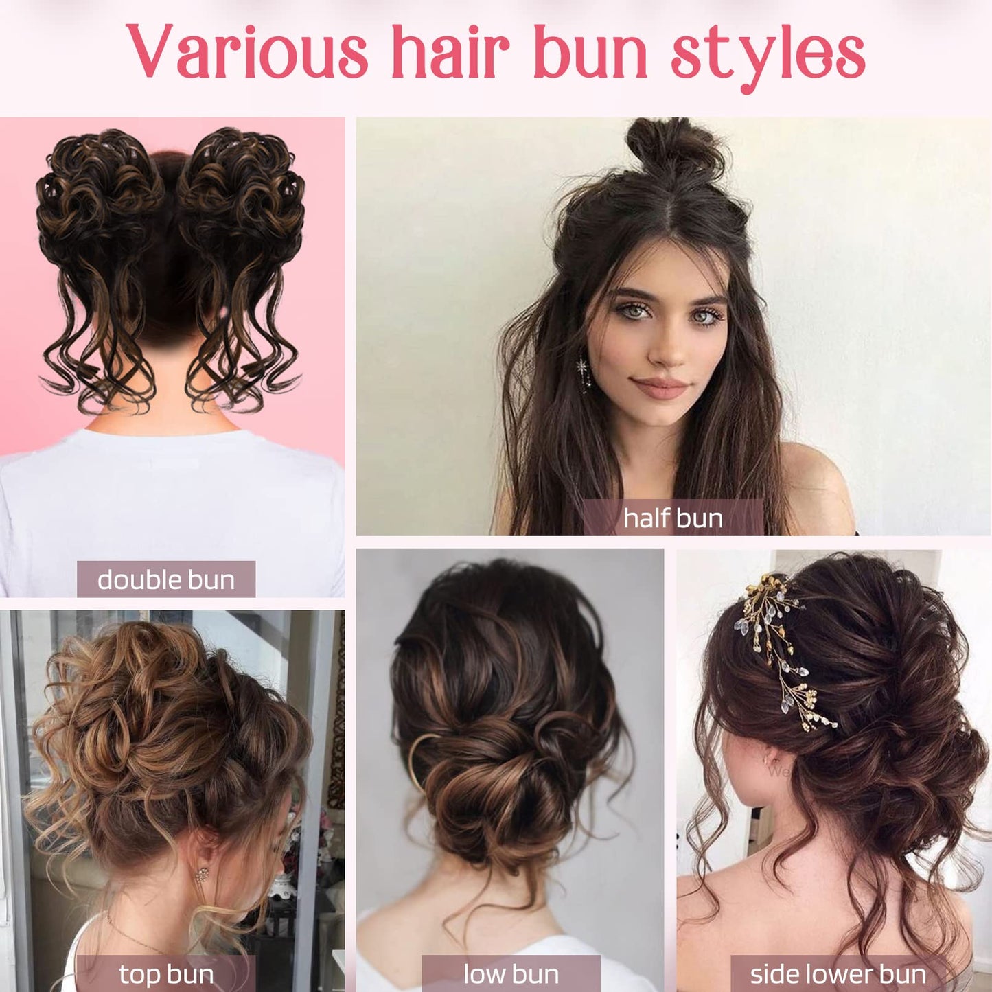 HOOJIH 2PCS Messy Bun Hair Piece, Tousled Updo with Tendrils Hair Bun Extensions Wavy Curly Hair Wrap Ponytail Hairpieces Hair Scrunchies for Women HB010 Dasiy - Ash Brown