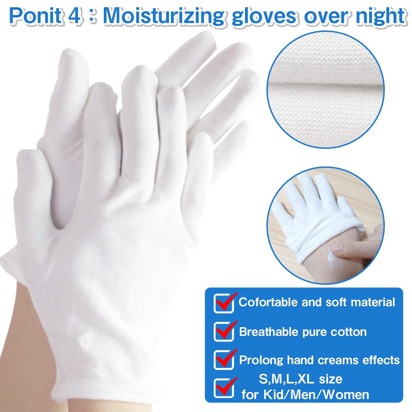 24Pcs Cotton Gloves for Dry Hands Moisturizing Gloves Cotton Gloves Eczema White Gloves for Men and Women and Kid, Stretchable Reusable Cloth Gloves for Spa Lotion Coin Jewelry Silver Inspection(L)