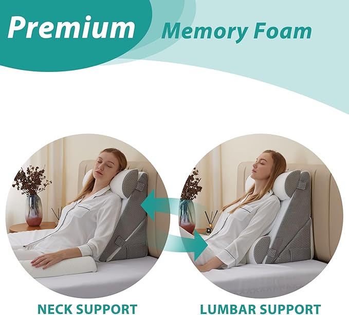 Adjustable 4pcs Bed Wedge Pillow Set, Memory Foam Wedge Pillow Post Surgery for Back, Neck, Leg Pain Relief, Pillow Wedge for Sleeping, Sitting up in Bed, Acid Reflux and GERD, White/Grey