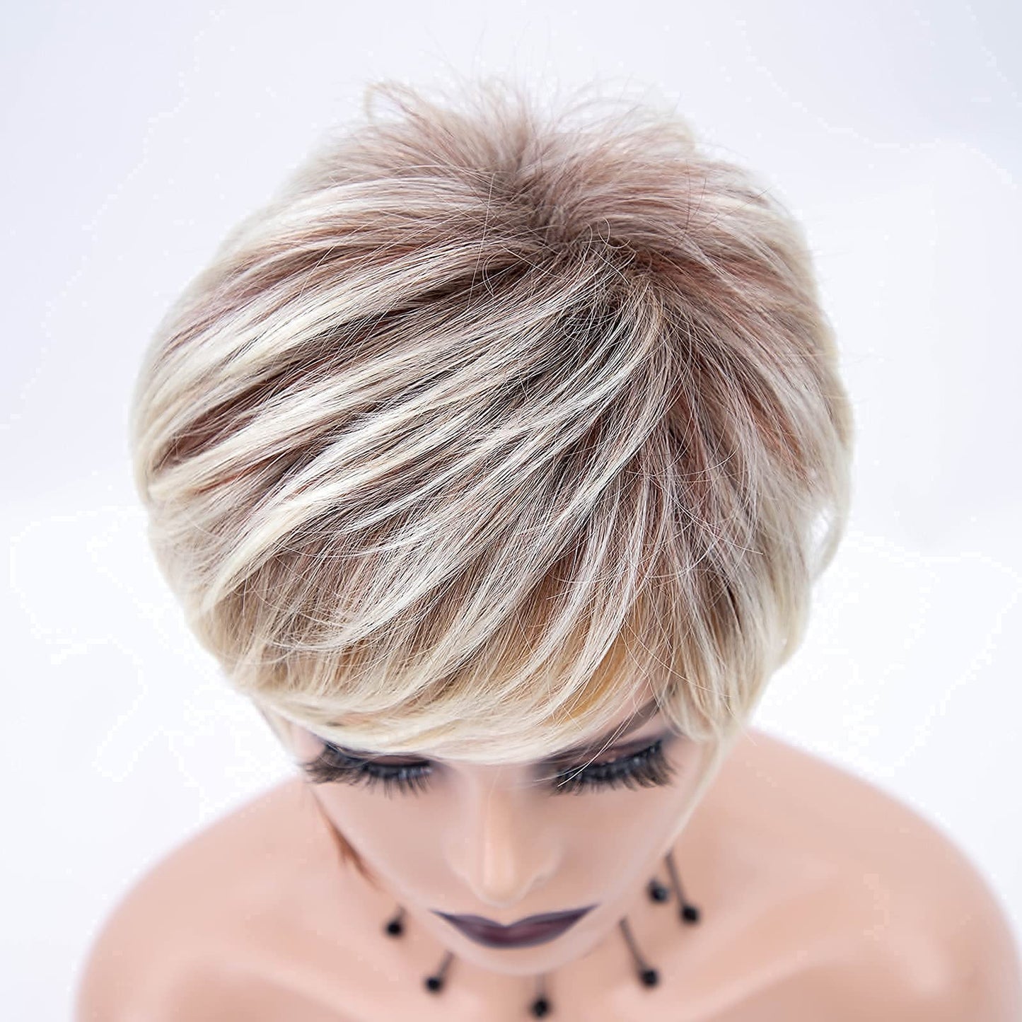 RENERSHOW Short Wigs for White Women Layered Brown Ombre Blonde Pixie Wig Synthetic Short Hair Wig with Bangs Mix Color Natural Looking Daily Party