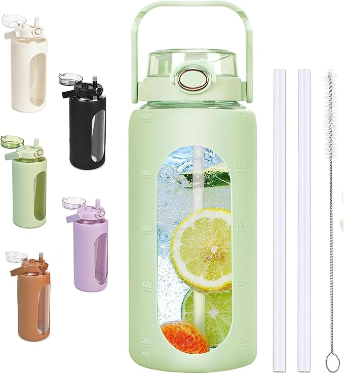 64oz Glass Water Bolttles with Straw,Motivational Half Gallon Water Bottle with Time Marker & Silicone Sleeve, Leakproof & BPA Free Reusable Clear Glass Water Jug for Gym Workout (Green)