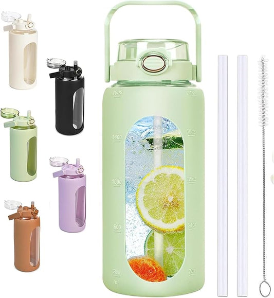 64oz Glass Water Bolttles with Straw,Motivational Half Gallon Water Bottle with Time Marker & Silicone Sleeve, Leakproof & BPA Free Reusable Clear Glass Water Jug for Gym Workout (Green)