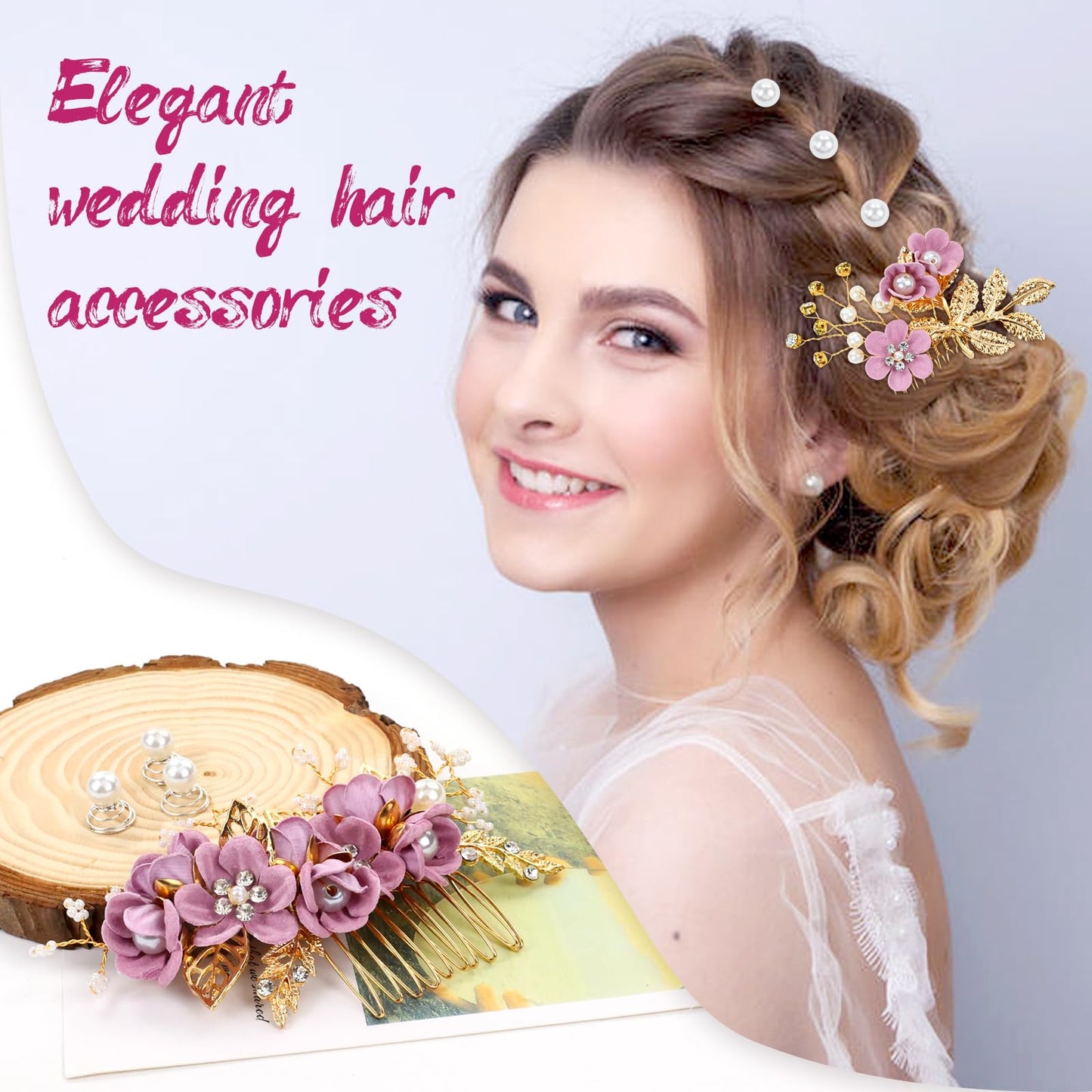 inSowni 20 Pack Classic White Dusty Pink Blue Flower Bridal Wedding Hair Side Combs+U-shaped Flower Hair Pins+Twist Spiral Pearl Hair Pins Pieces Headpieces Accessories for Brides Bridesmaids Women Girls (Purple)