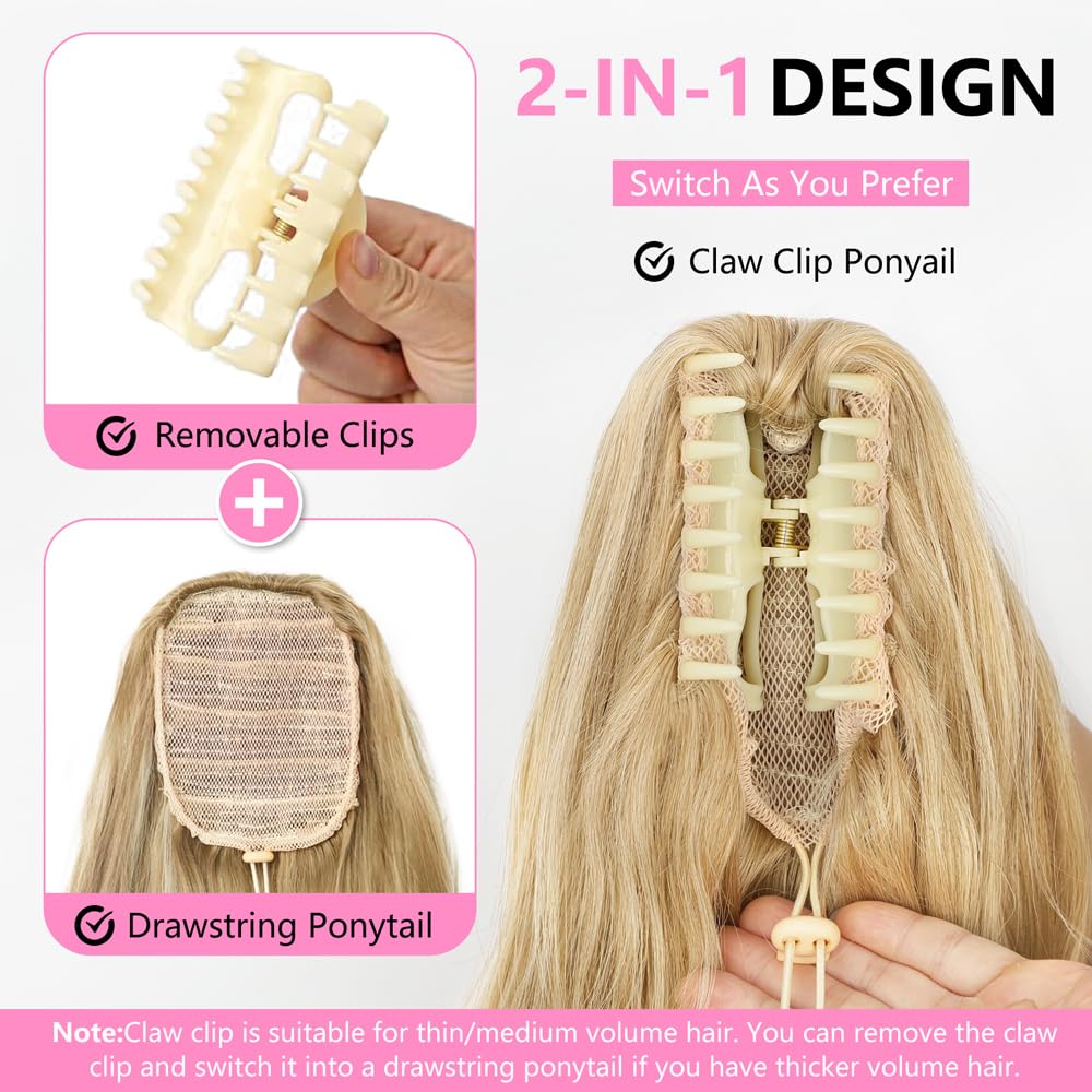 ALXNAN Ponytail Extension,24 Inch Claw Ponytail Hair Extensions for Women,Claw Clip in Long Wavy Synthetic Dark Ash Blonde with Golden Ends Ponytail Extension for Daily Use.