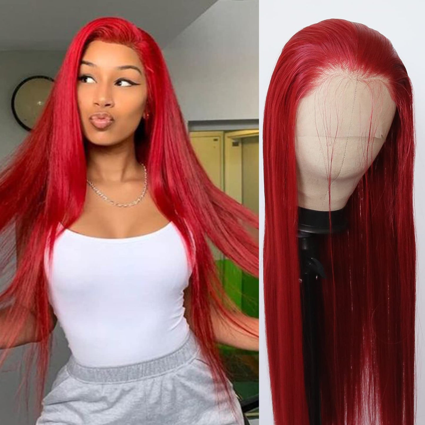 BTWTRY Red Synthetic Lace Front Wig Long Straight Dark Red Lace Front Synthetic Wig Pre Plucked Natural Hairline Glueless Heat Resistant Fiber Hair Wig for Fashion Women (Red)