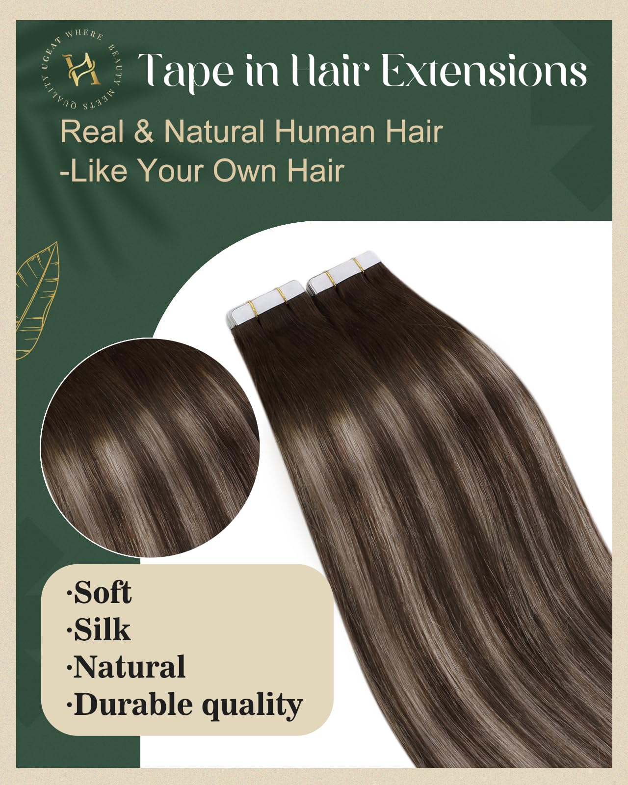 Ugeat Tape in Hair Extensions Human Hair Brown Balayage Hair Extensions Tape in Dark Brown Highlight Ash Brown Ombre Seamless Tape in Human Hair Extensions for Women Short Hair 12 inch 20Pcs 30G
