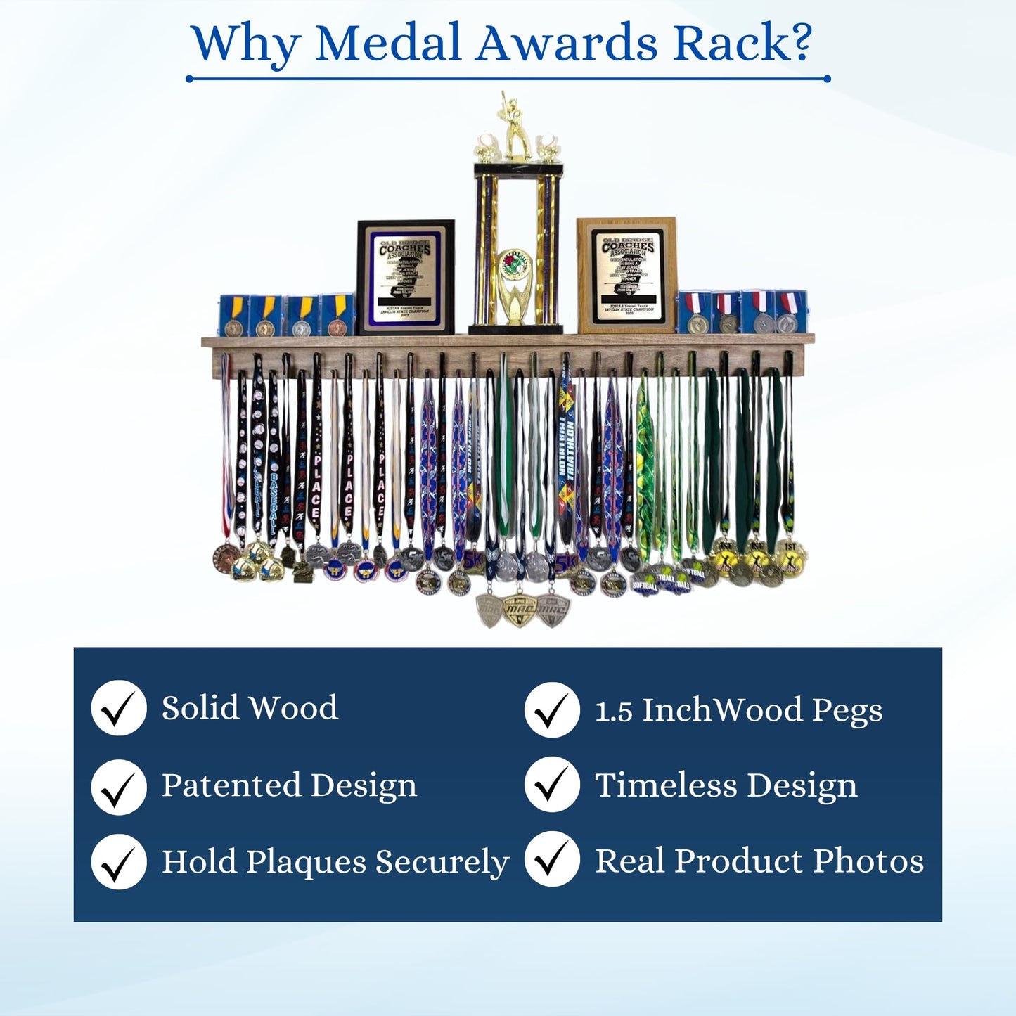 46.5"- Medal Awards Rack- The Largest Trophy Shelf and Medal Hanger Display - Multi-Sport Trophy and Medal Holder for Medal Display, Plaques, Pictures, Trophies, and More. Solid Wood