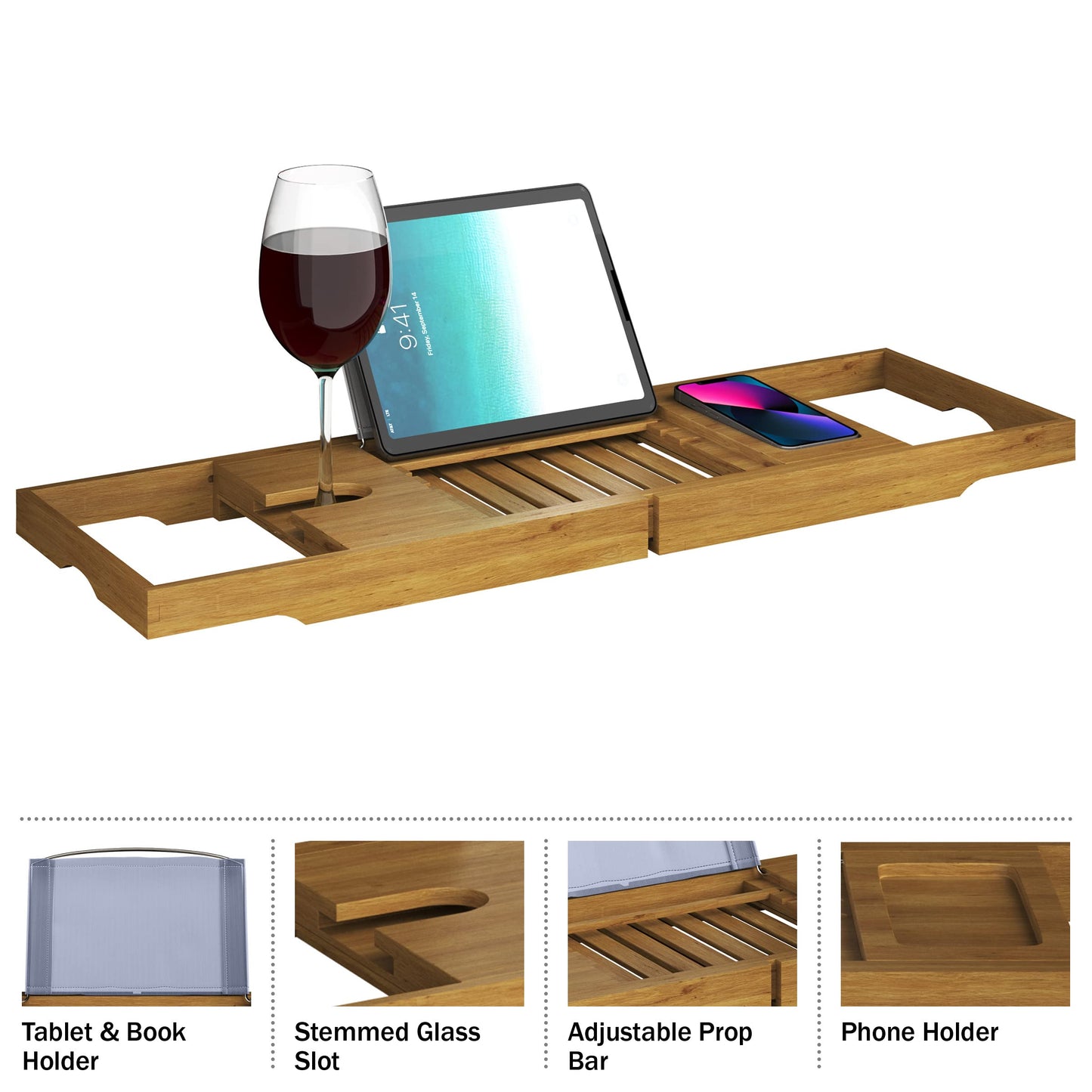 Acacia Bathtub Tray - Natural Wood Tray with Extended Sides, Wine Glass Holder, Book, Phone, or Tablet Rest - for Bath Accessories by Home-Complete
