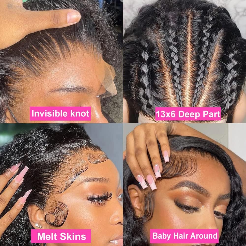 13x6 Deep Wave Lace Front Wigs Human Hair HD Lace Frontal Wigs Human Hair for Black Women Glueless Curly Lace Front Wig Pre Plucked with Baby Hair 150% Density (Natural Color, 20 inch)