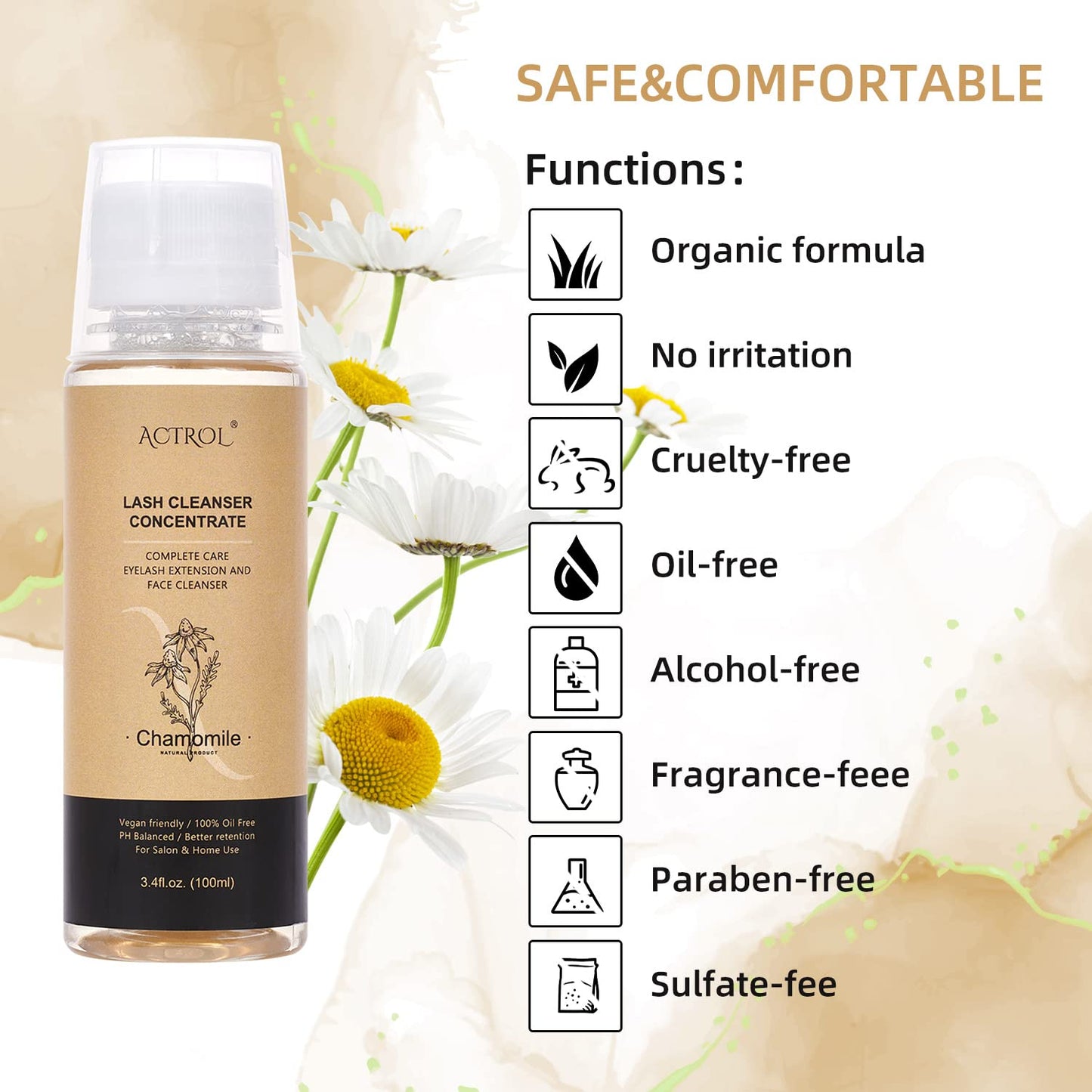 ACTROL Eyelash Cleanser Concentrate 100ml Chamomile Professional Lash Shampoo Foaming Cleanser Paraben & Sulfate Free Non-lrritating Wash for Extensions Lashes with Salon Home Care-Makes 20 Bottles