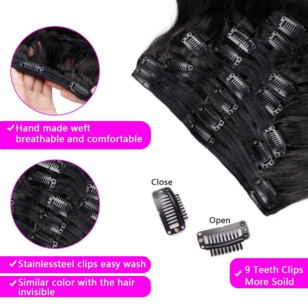 120g Body Wave Clip in Hair Extensions Real Human Hair Clip ins Hair Extensions for Women 8Pcs/Set with 18Clips Brazilian Remy Human Hair Extensions(26inch, Natural Color)