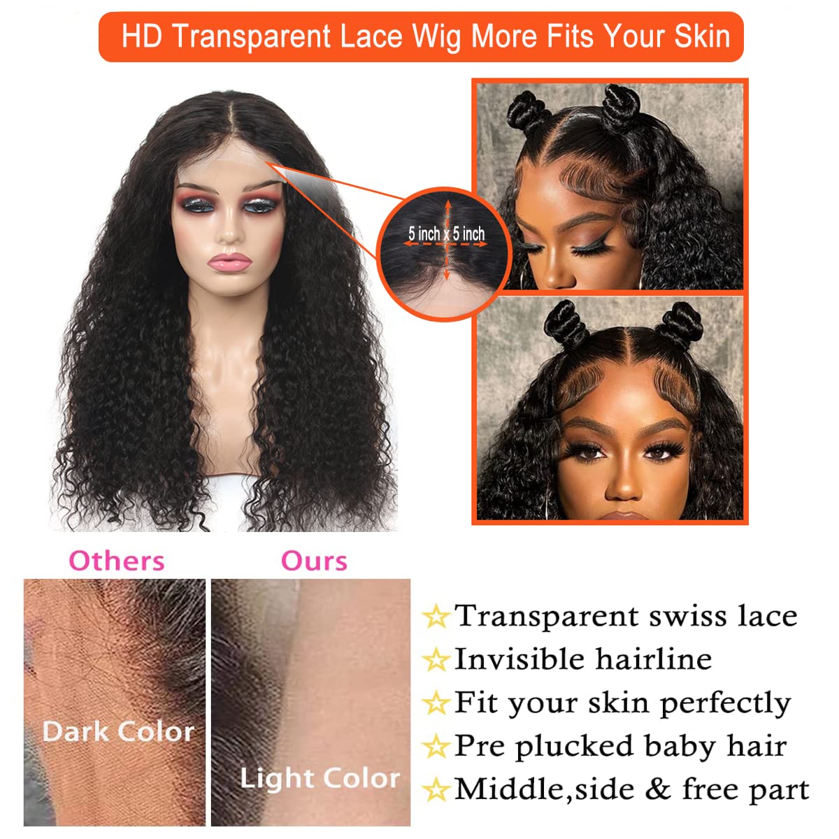 5x5 Lace Closure Wig Human Hair Deep Wave 5x5 HD Lace Closure Wigs for Women 200% Density Curly Lace Front Wig 100% Virgin Human Hair Pre Plucked Glueless Deep Curly Wig with Baby Hair 20 Inch