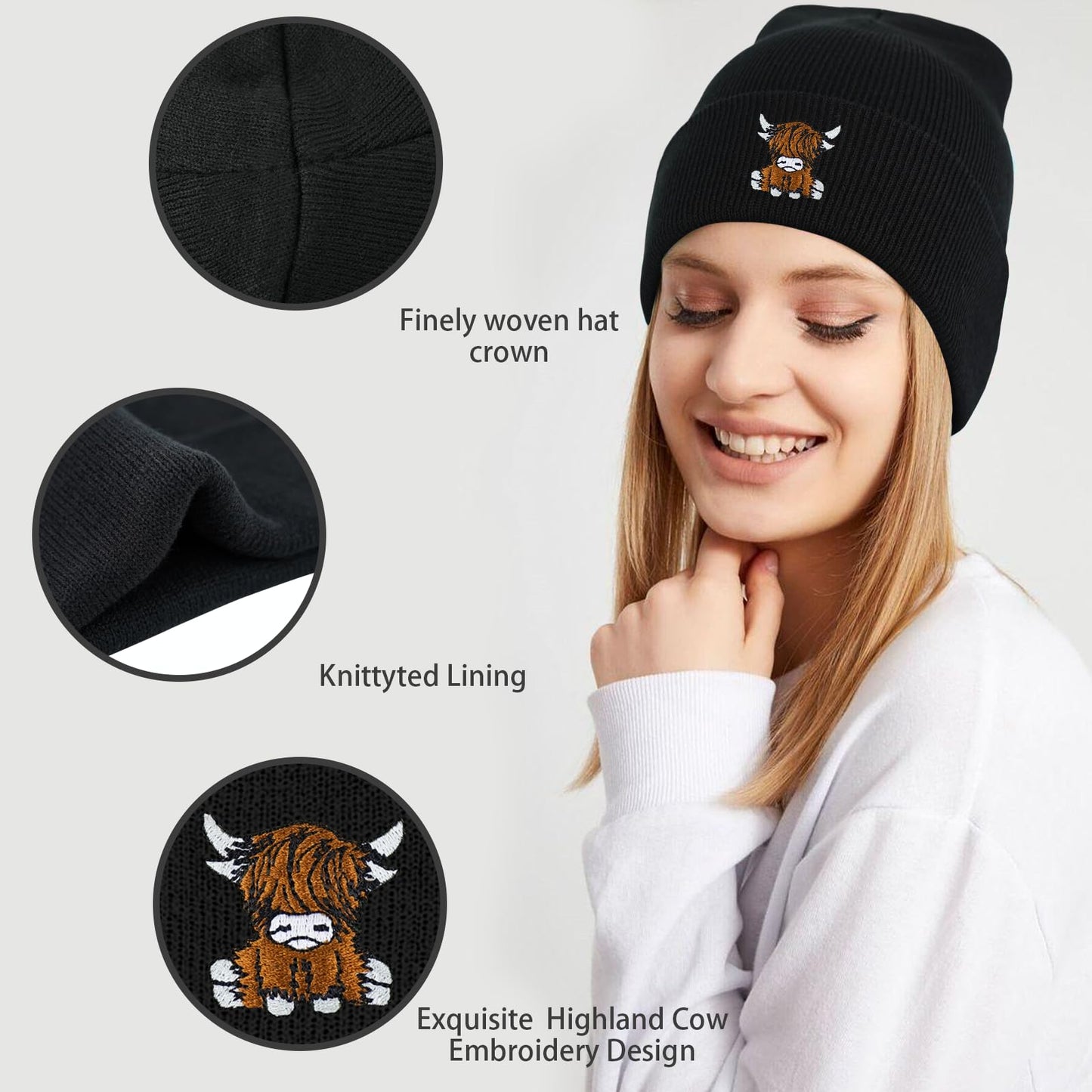gswirmchsq Scottish Highland Cow Beanie Hat Black, Cute Funny Cow Embroidery Winter Knit Skull Cap for Adult Men Women