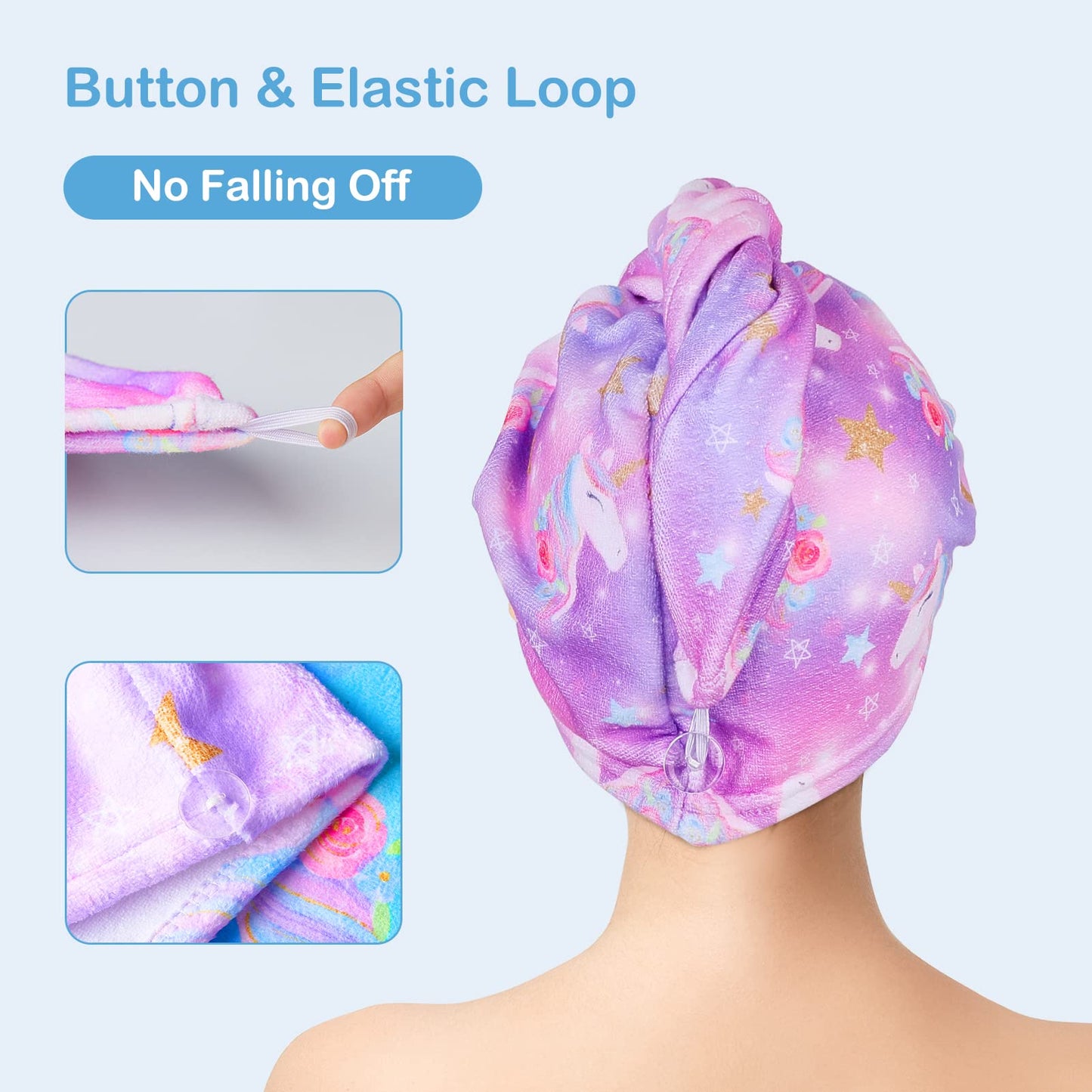 FIOBEE Microfiber Hair Towel Wrap for Kid Rapid Drying Towel Absorbent Hair Turbans for Wet Hair with Button Women Girls Long Curly Hair Pack of 2, Light Purple