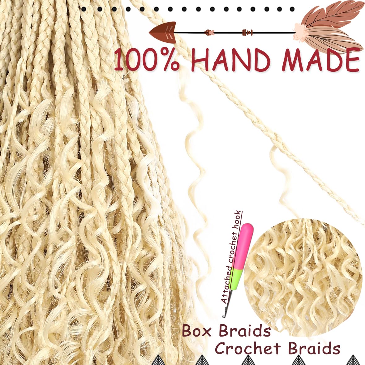 Beverlee 14 Inch Boho Box Braids 8 Packs Goddess Box Braids Crochet Hair Bohemian Hippie Braids Braiding Hair Box Braids with Curly Ends Messy Pre-looped Synthetic Crochet Hair for Women 613#