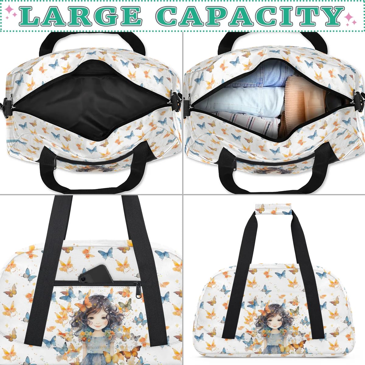 Gym Bag for Kids Girls, Butterfly Girl Small Duffel Bag with Padded Handles Carry On Weekend Travel Bag for School Practice Ball Games
