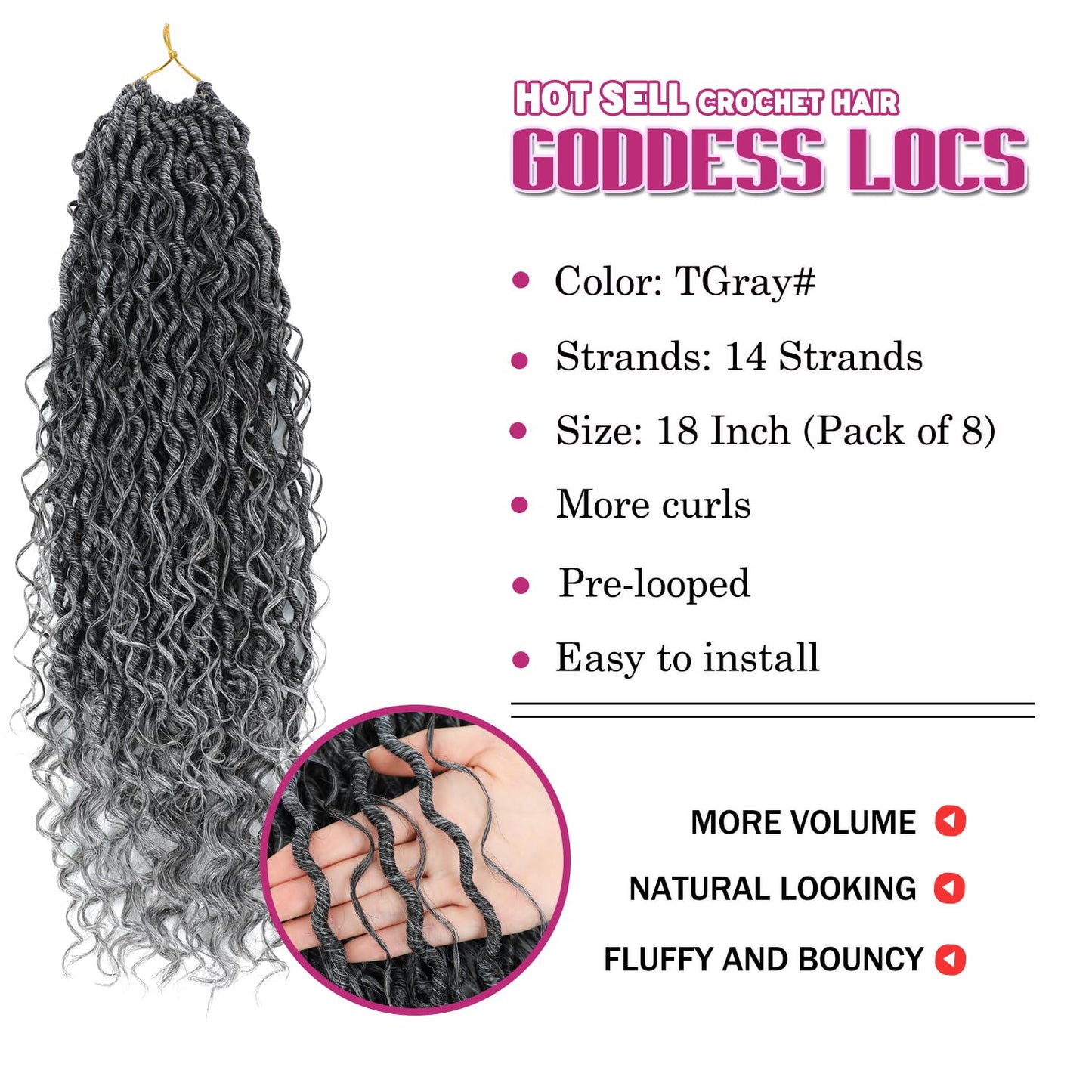 8 Packs Curly Faux Locs Crochet Hair 18 Inch Goddess Locs Crochet Hair, Hippie Locs Braids, Boho Style Hair Extensions (18 Inch, 8Packs, TGray)