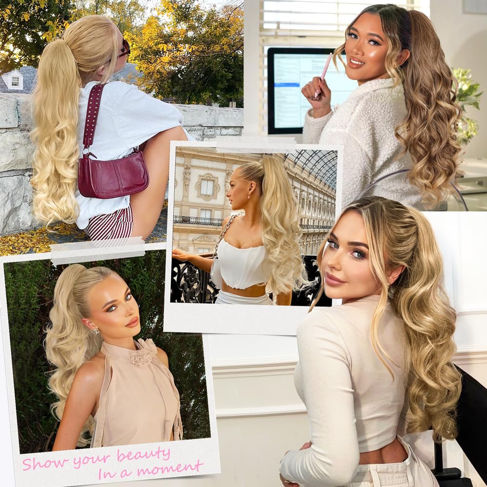 ALXNAN Ponytail Extension,24 Inch Claw Ponytail Hair Extensions for Women,Claw Clip in Long Wavy Synthetic Dark Ash Blonde with Golden Ends Ponytail Extension for Daily Use.