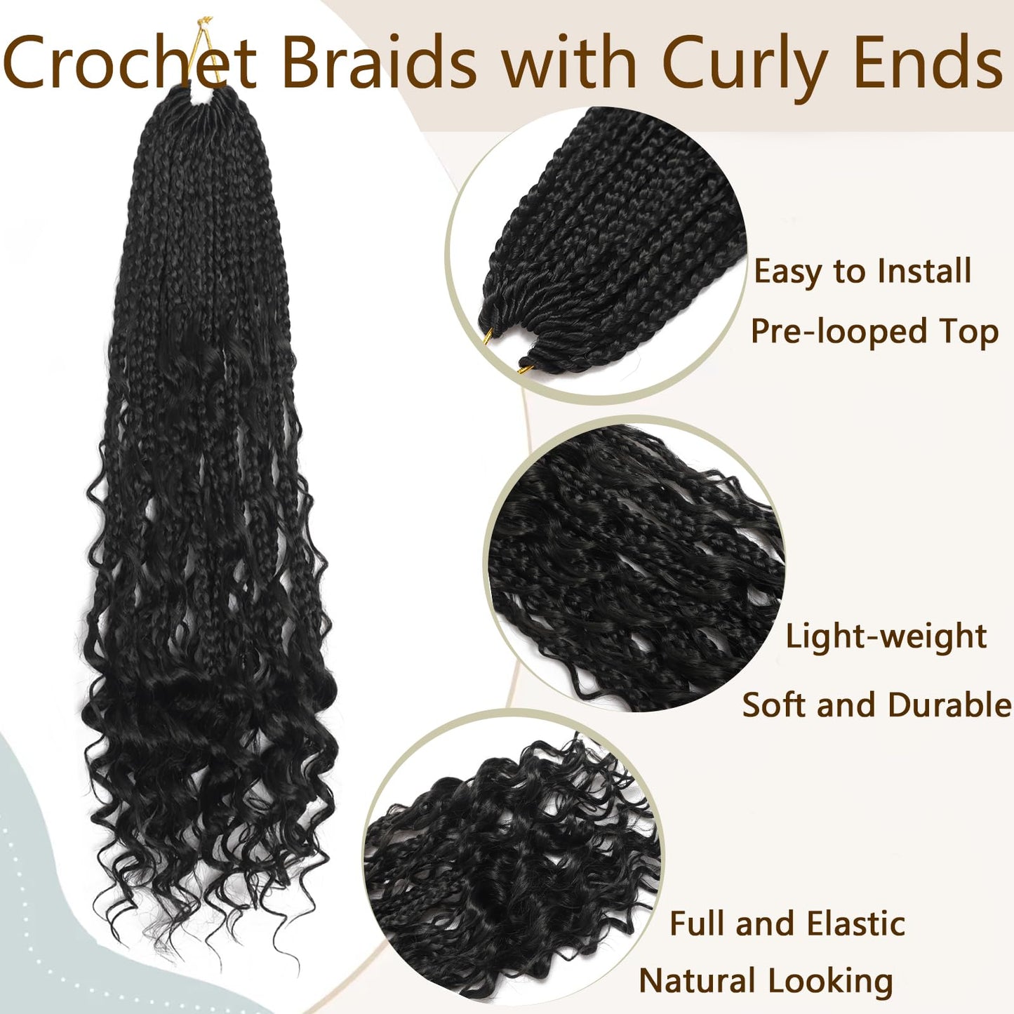 24 Inch Goddess Box Braids Crochet Hair Boho Box Braids Crochet Hair Bohemian Hippie Braids Pre-looped Boho Crochet Braids Natural Black Goddess Braids With Culy End for Woman