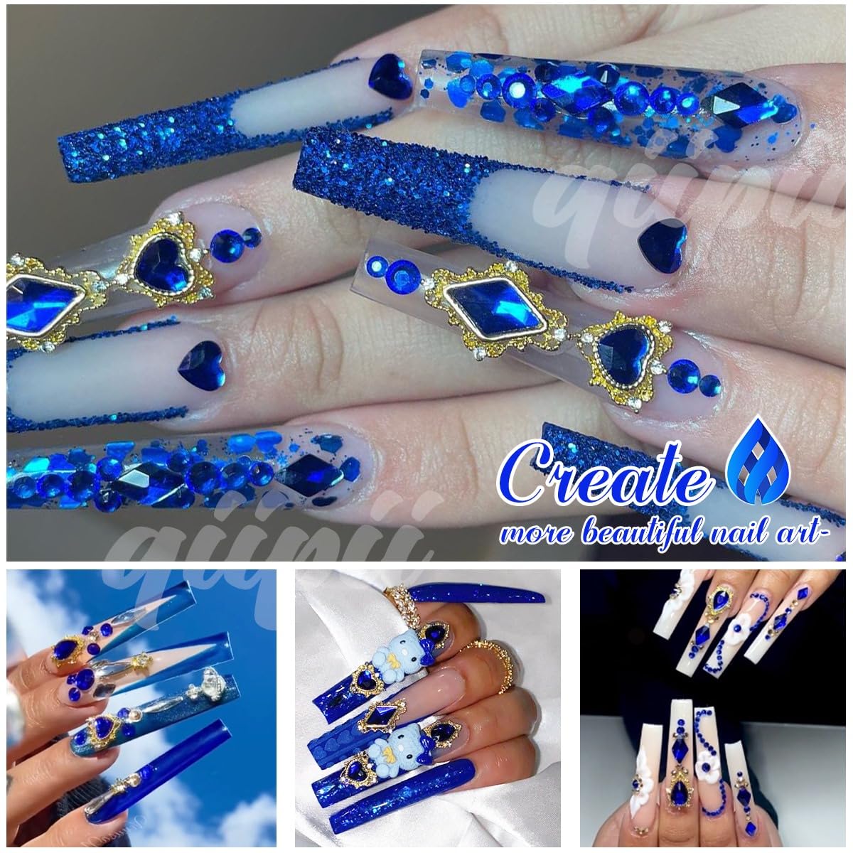 24pcs Blue Nail Rhinestones Luxury Nail Charms Sapphire Heart Charms for Nails 3D Big Royal Blue Nail Gems Crystals Diamonds Jewelry Stones Alloy Nail Art Studs Nail Art Decor for Arylic Nails Crafts
