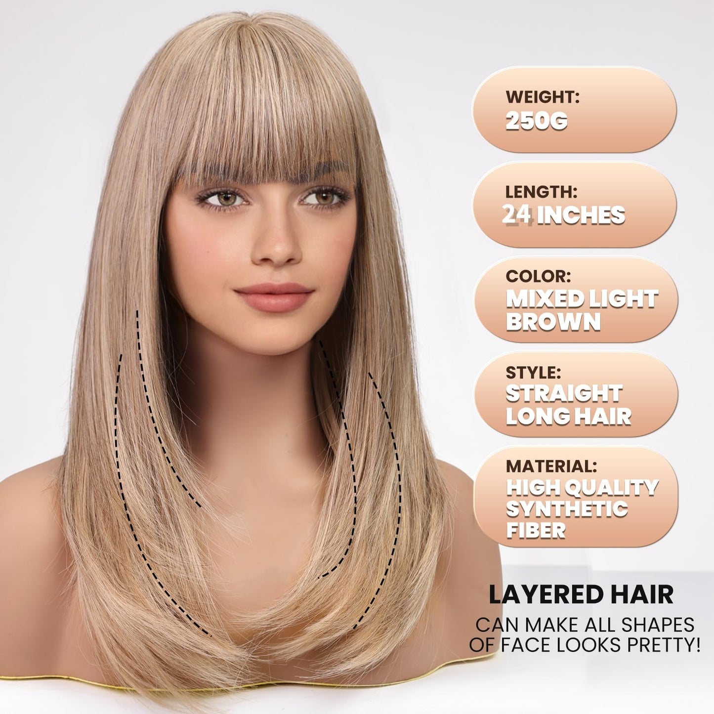 EMMOR Brown Wig With Bangs For Women Long Straight Wigs Synthetic Layered Hairstyle For Girls Party Cosplay And Daily Use(26" Ash Blonde)