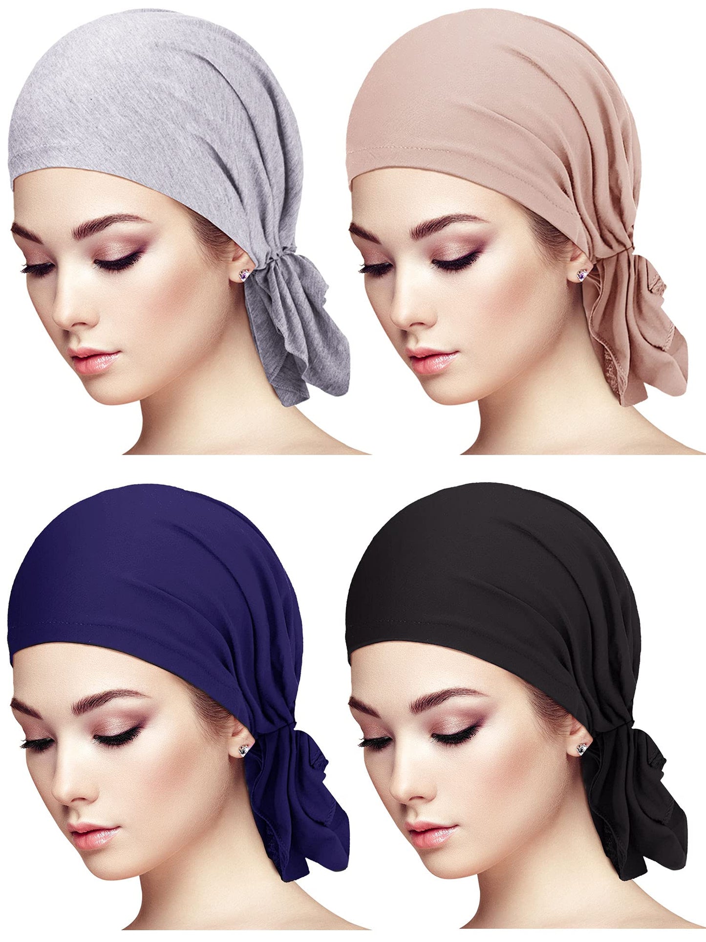 4 Pieces Slip-On Pre-Tied Head Scarves Women Headwear Turban Beanie Caps Head Wrap Headscarf for Women(Grey, Camel, Navy Blue, Black)