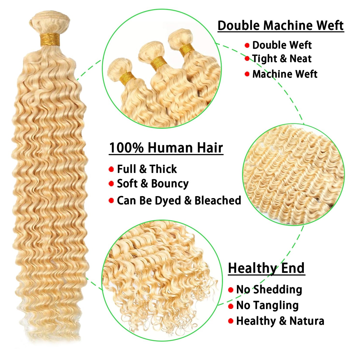 613 Blonde Deep Wave Human Hair 16inch 3 Bundles 613 Blonde Deep Wave Bundles Human Hair Bundlles 613 Bundles Blonde Bundles Brazilian Unprocessed Virgin Hair Wet and Wavy Human Hair Extensio