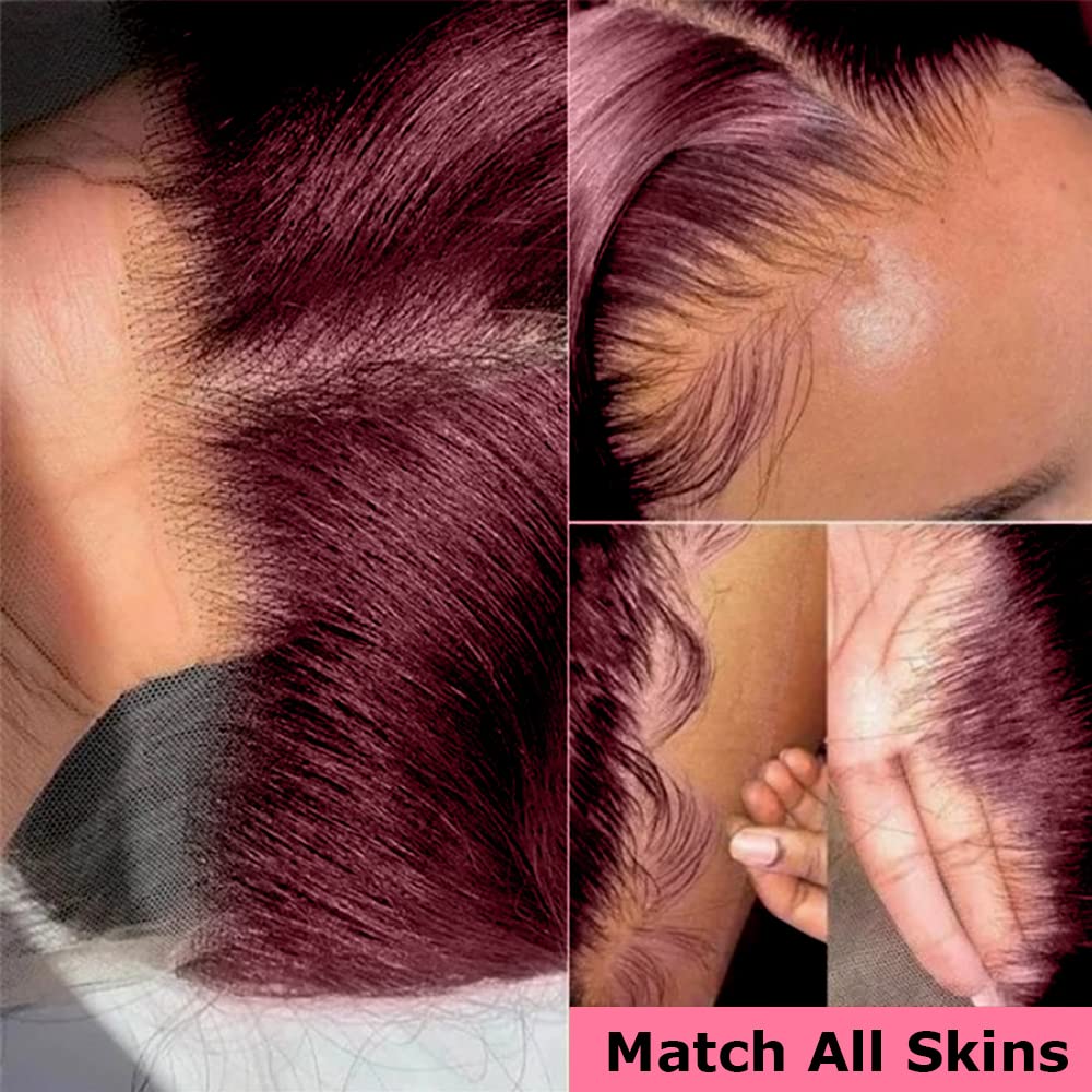 250% Density 32 Inch 99J Burgundy Lace Front Human Hair Wig With Baby Hair Pre Plucked 13x4 Body Wave HD Transparent Lace Frontal for Women Glueless