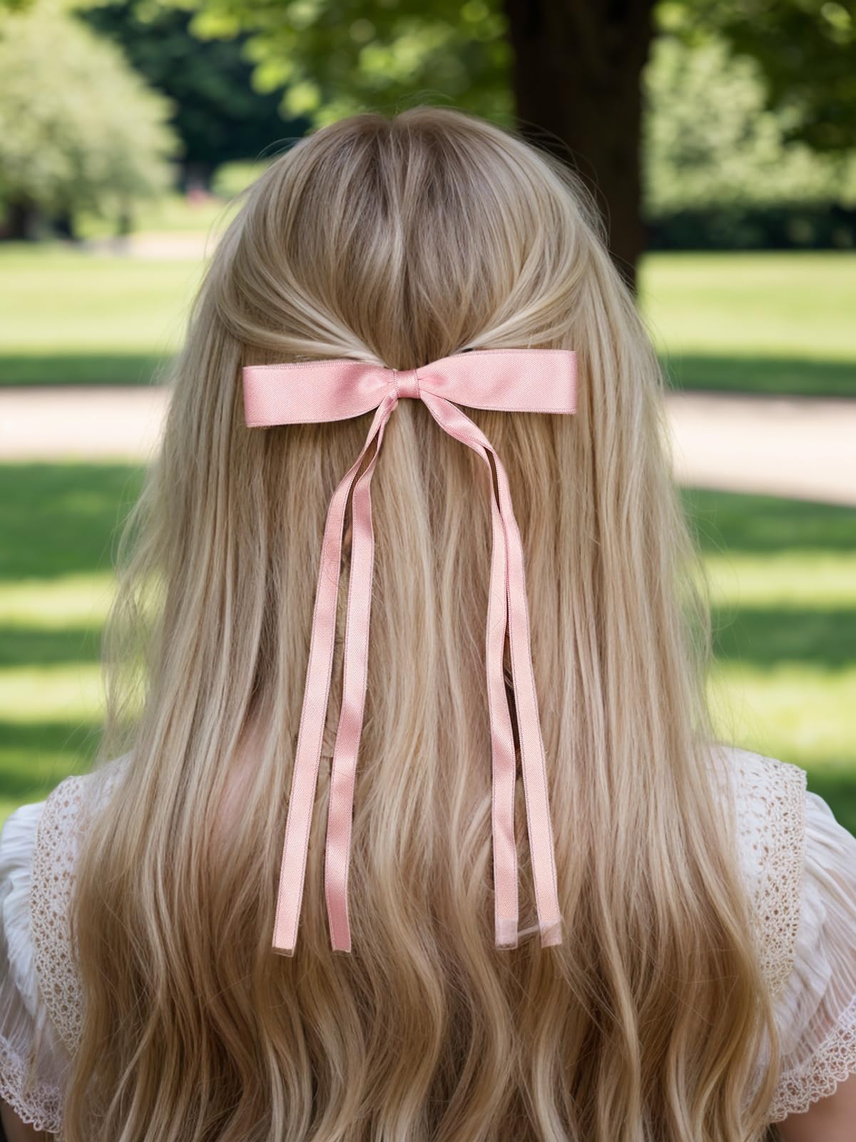 4pcs Tassel Ribbon Bowknot Hair Accessories with Long Tails, Solid Barrettes Claw Clips with Bows for Girls and Women (Navy Pink)