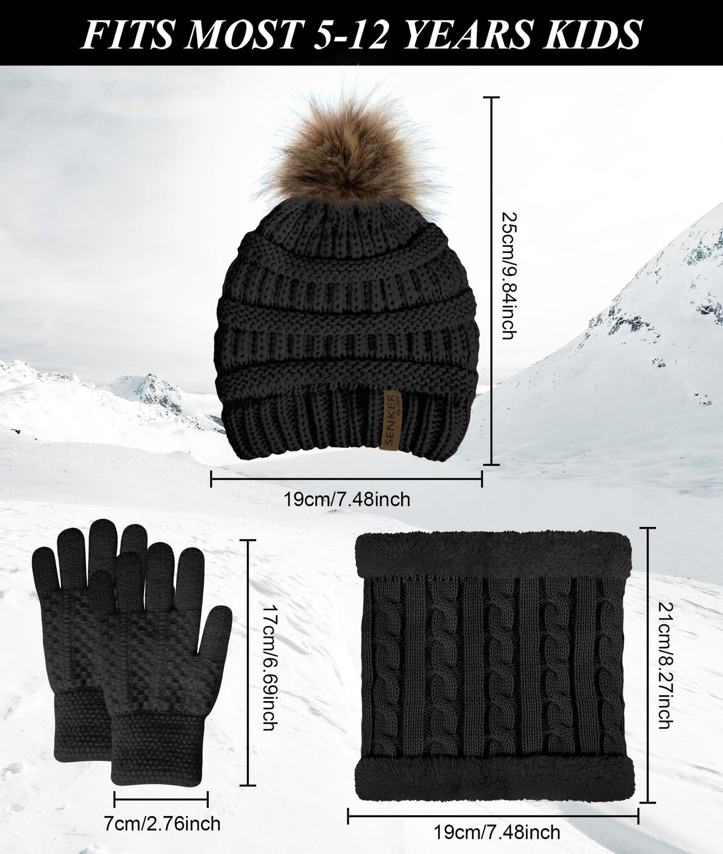 3PCS Kids Winter Hat Scarf Gloves Set Knit Thick Warm Toddler Pompom Beanie Neck Warmer for Girls Boys