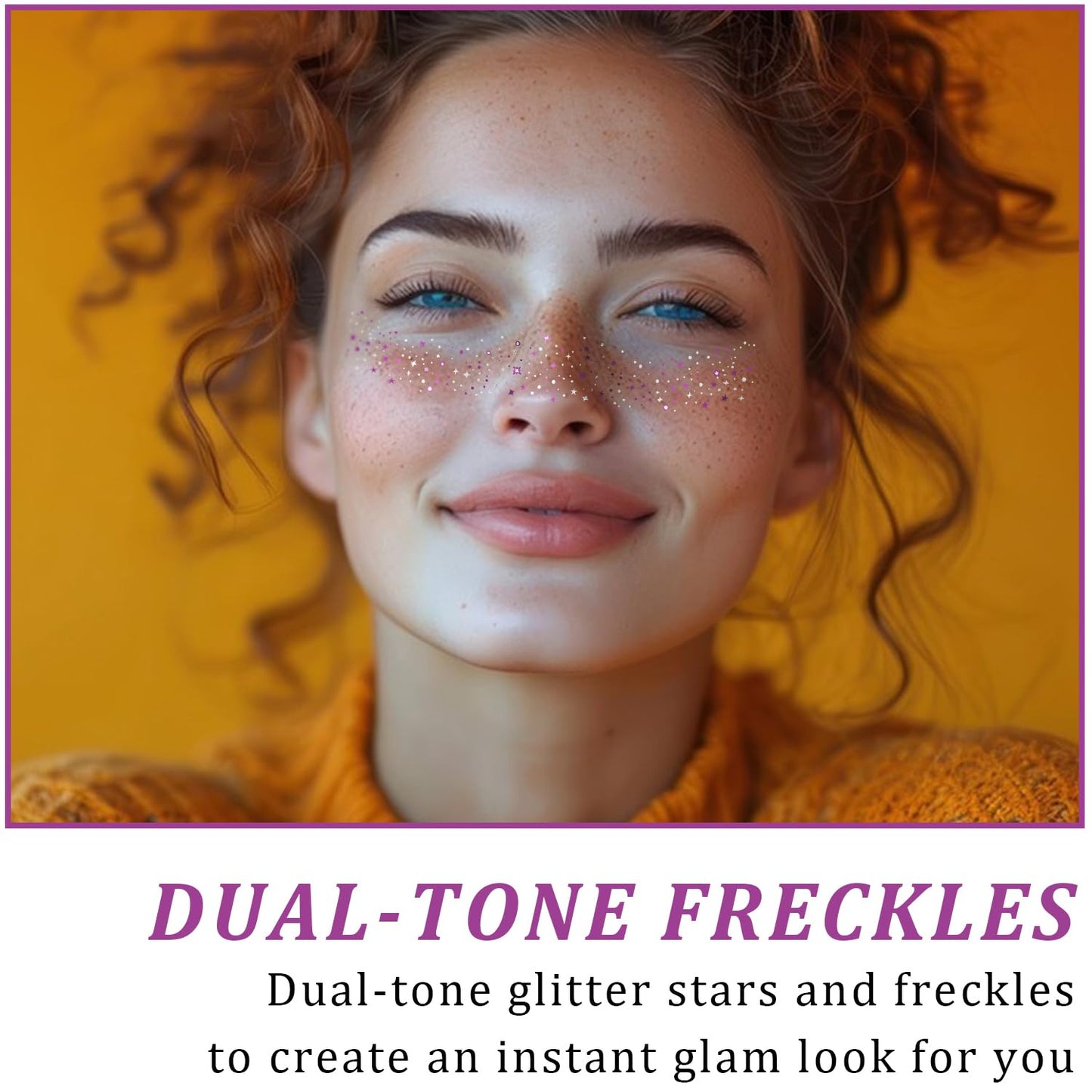 8 Pcs Dual-tone Face Makeup Patches, Gold-silver Glitter Freckles, Glitter Freckles Face Tattoo, Waterproof Face Sparkle Freckles, Long-Lasting 48h Freckles for Women (8Pcs Purple-silver)
