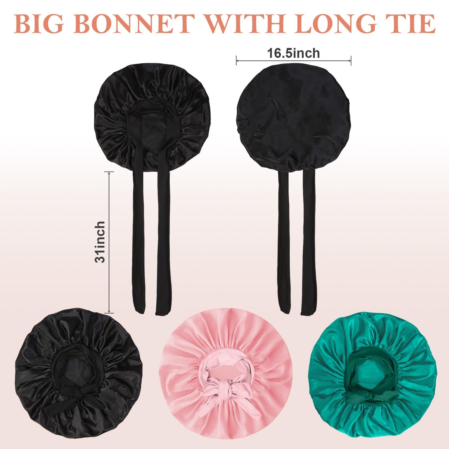 3Pcs Bonnet Silk Bonnet for Sleeping, Extra Large Satin Bonnet for Sleeping Hair Bonnets for Sleeping Black Curly Hair Women Jumbo Bonnet with Tie Band Braids Shower Cap