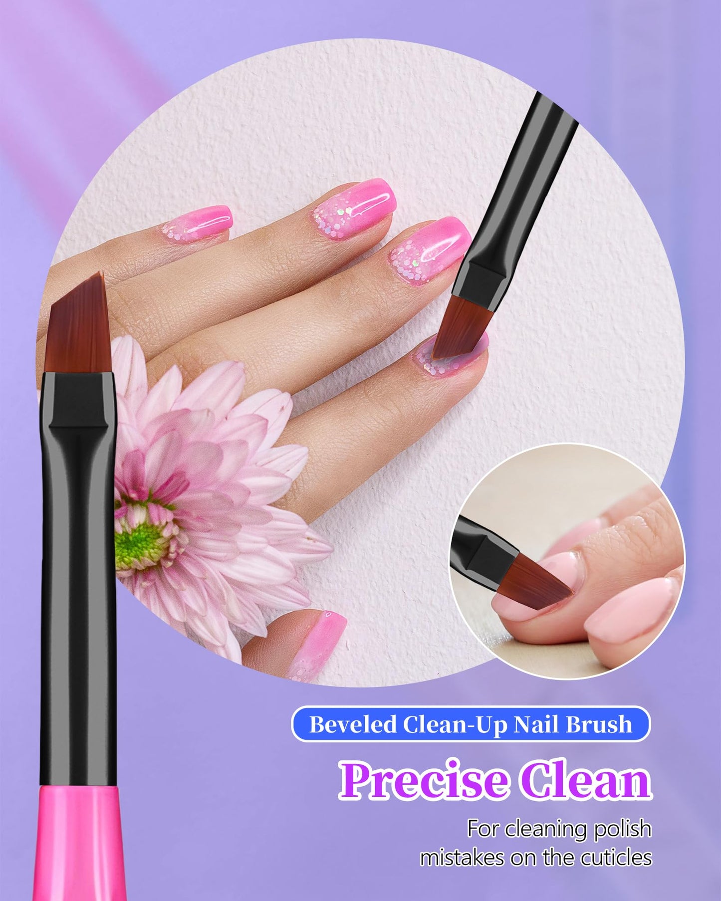 3PCS Nail Polish Clean Up Brush, Round&Falt&Angled Acetone Resistant Nail Brush for OPI Nail Polish Remover, Fingernail Cleaning Brushes at Home Nail Art and Designs(Gilded Pink Blue)