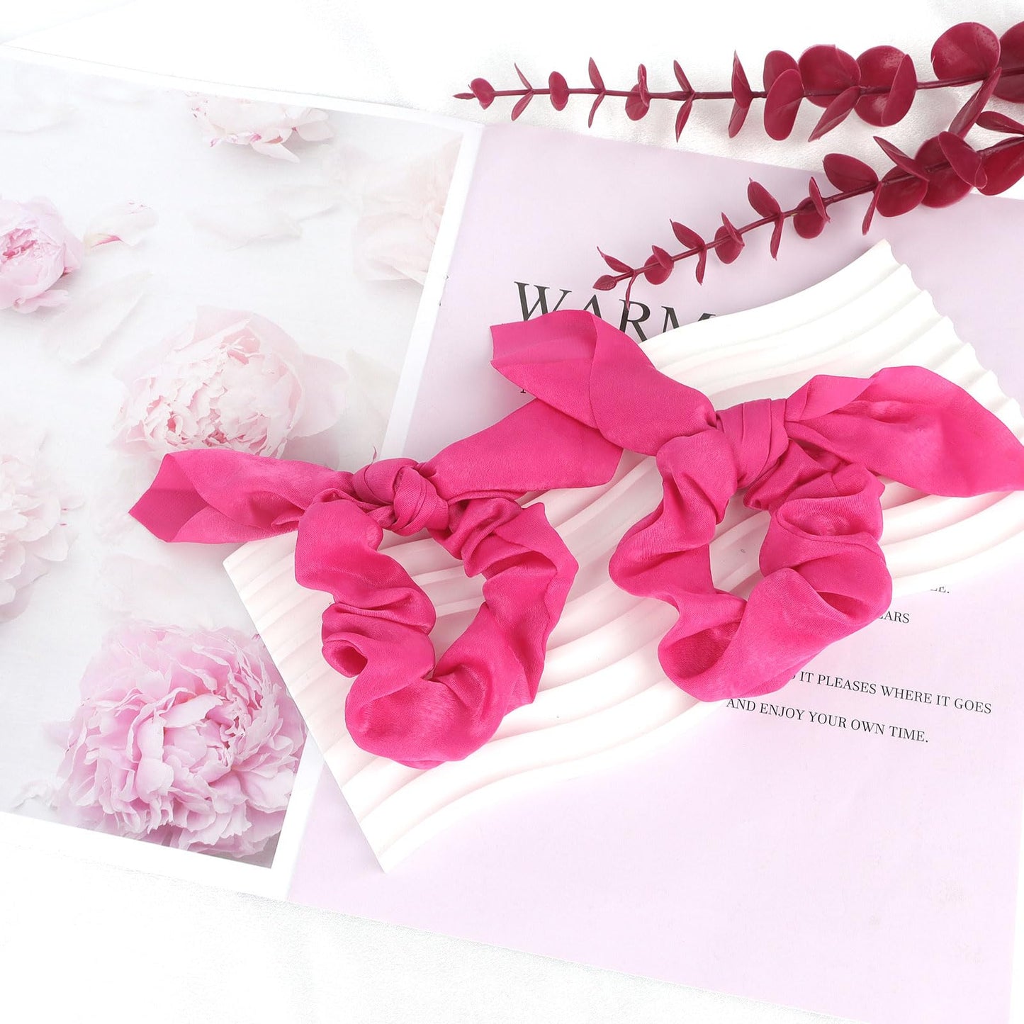 ACO-UINT 20 Pack Satin Silk Hair Accessories for Women: Hot Pink Scrunchies, Bow Ponytail Holders, and Ribbon Hair Ties for Thick Hair