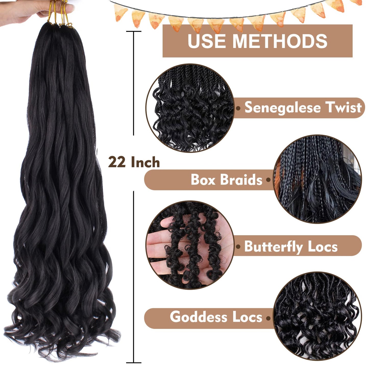 COOKOO French Curl Braiding Hair 22 Inch 2 Packs Loose Wave for Box Braids Spanish Curly Silky Spiral Curl Crochet Pre Stretched Bouncy Hair for Women 1B#