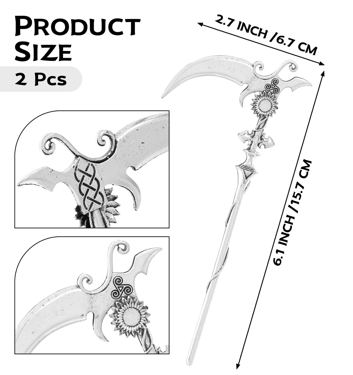 2pcs Sunflower Reaper Scythe Hair Styling Pins Black Wicca Witch Hair Slide Renaissance Festival Hair Acceossories for Women Hair Stick Antique Silver Plated