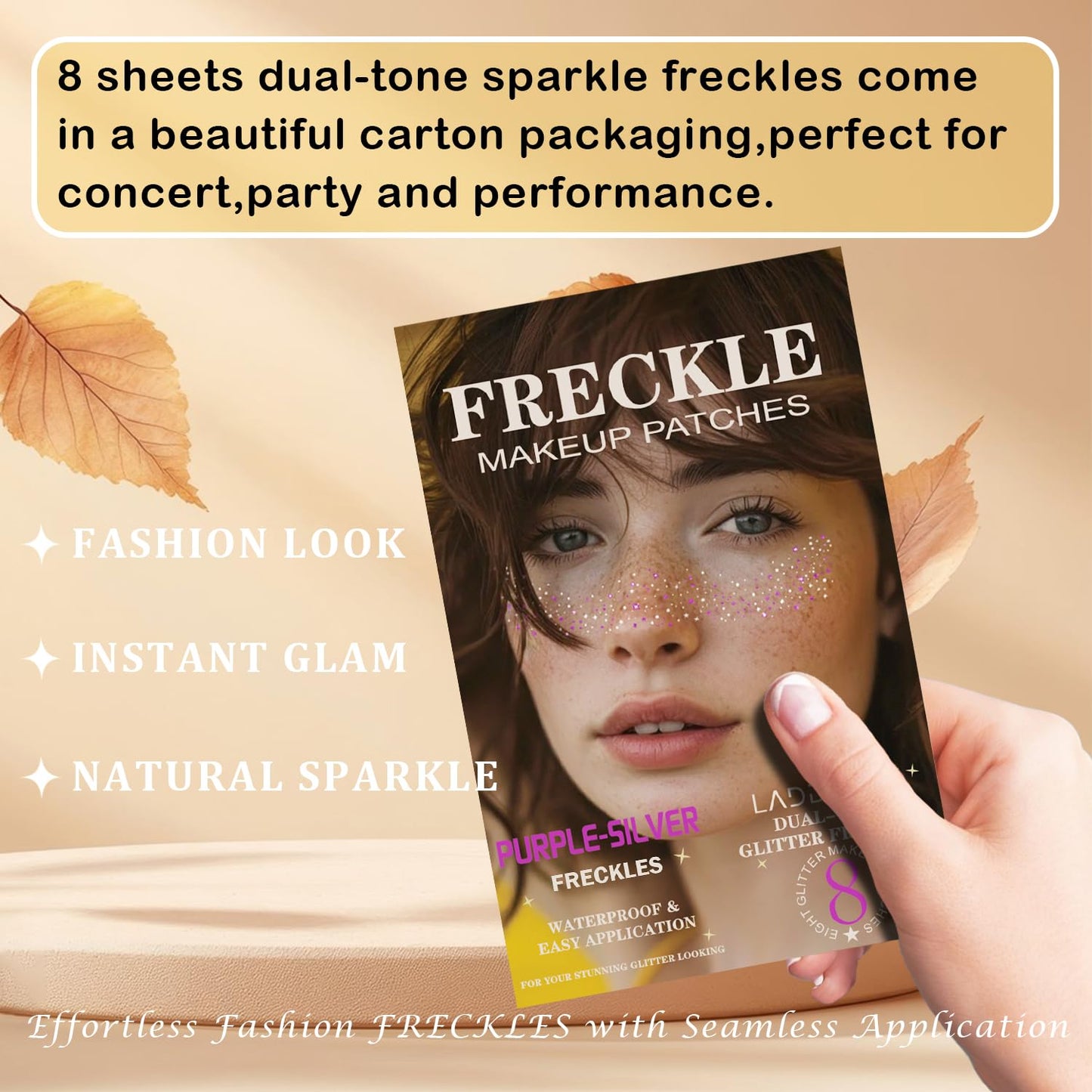 8 Pcs Dual-tone Face Makeup Patches, Gold-silver Glitter Freckles, Glitter Freckles Face Tattoo, Waterproof Face Sparkle Freckles, Long-Lasting 48h Freckles for Women (8Pcs Purple-silver)