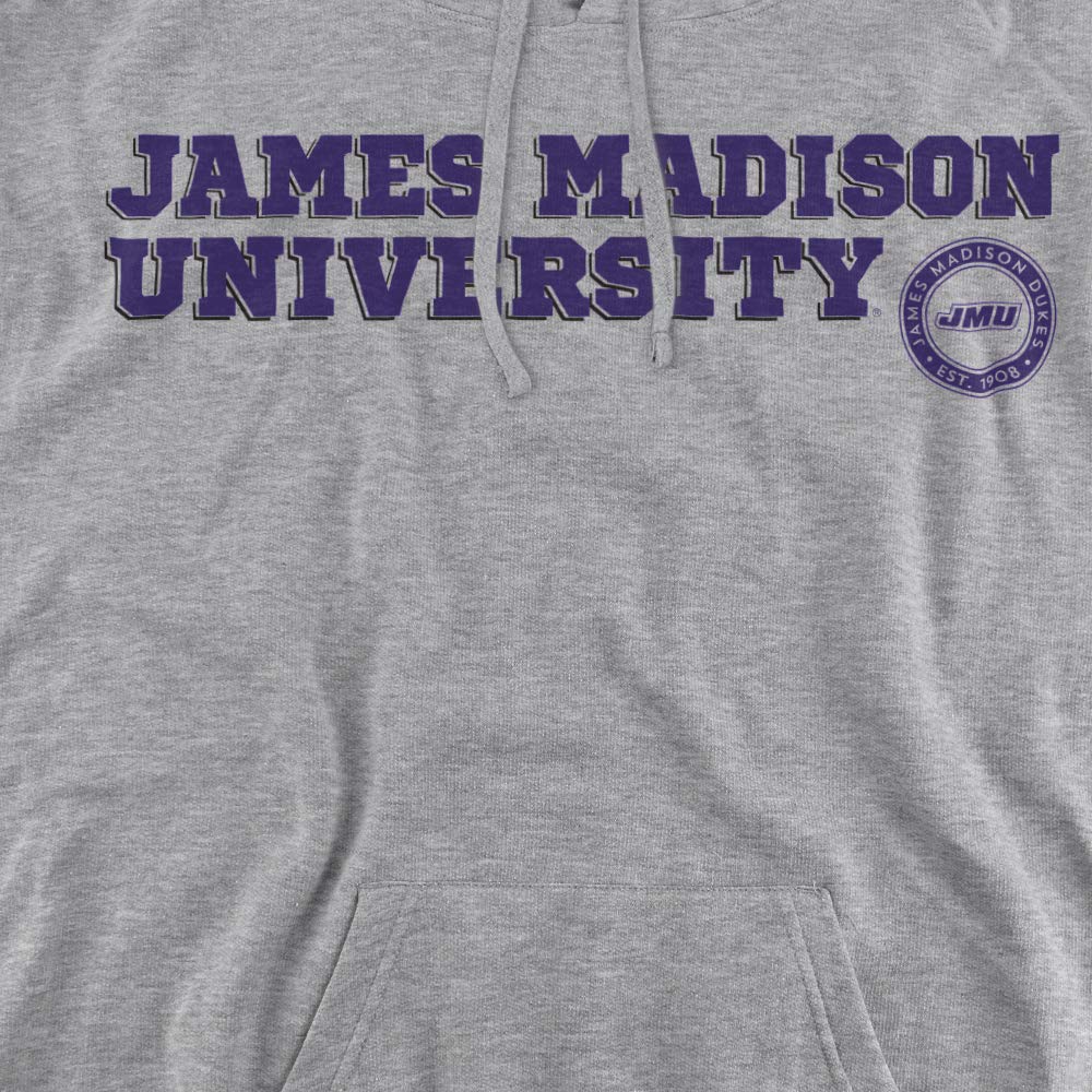 James Madison University JMU Official Block Text Unisex Adult Pull-Over Hoodie,Athletic Heather, Large
