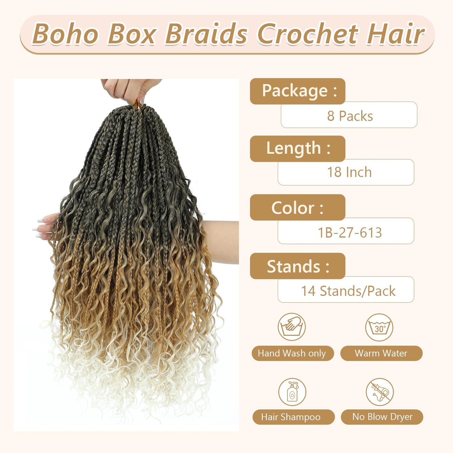 8 Packs Crochet Box Braids- 18 Inch Goddess Box Braids Crochet Hair Bohomian Crochet Braids Hair Synthetic Braiding Hair Extensions Crochet Hair for Black Women (18(8Packs), 1B/27/613)