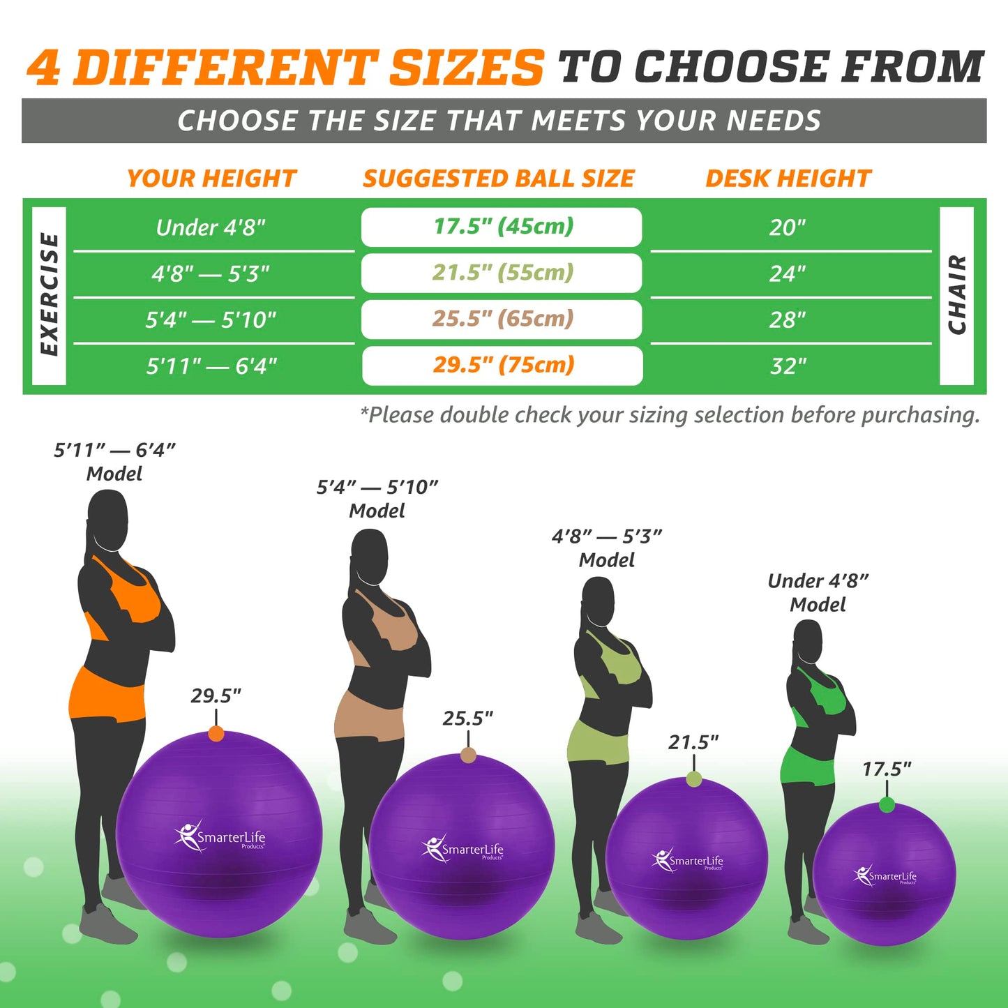 SmarterLife Workout Exercise Ball for Fitness, Yoga, Balance, Stability, or Birthing, Great as Yoga Ball Chair for Office or Exercise Gym Equipment for Home, Non-Slip Design (45 cm, Purple)